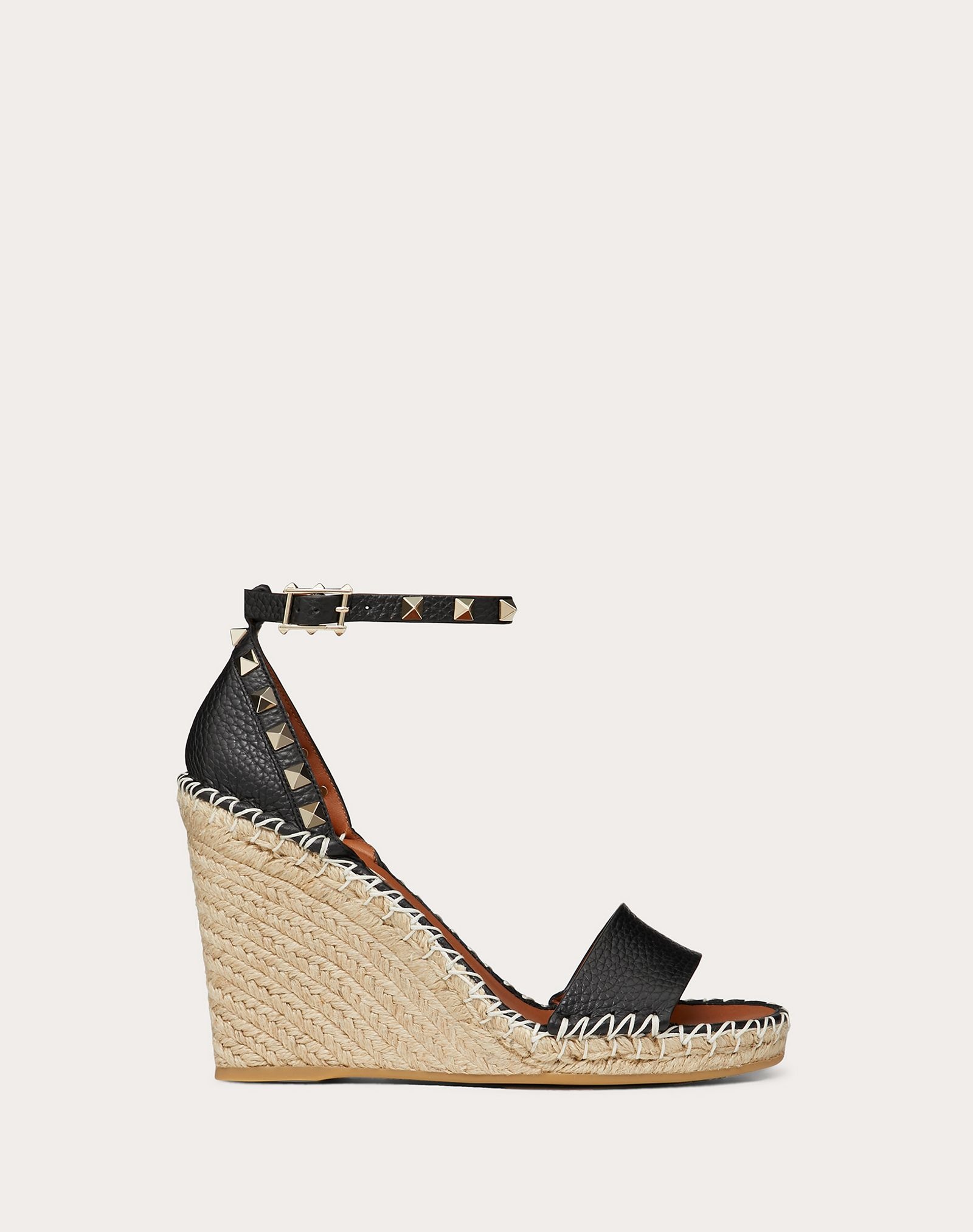 Grain Calfskin Leather Rockstud Double Wedge Sandal 95mm - 1