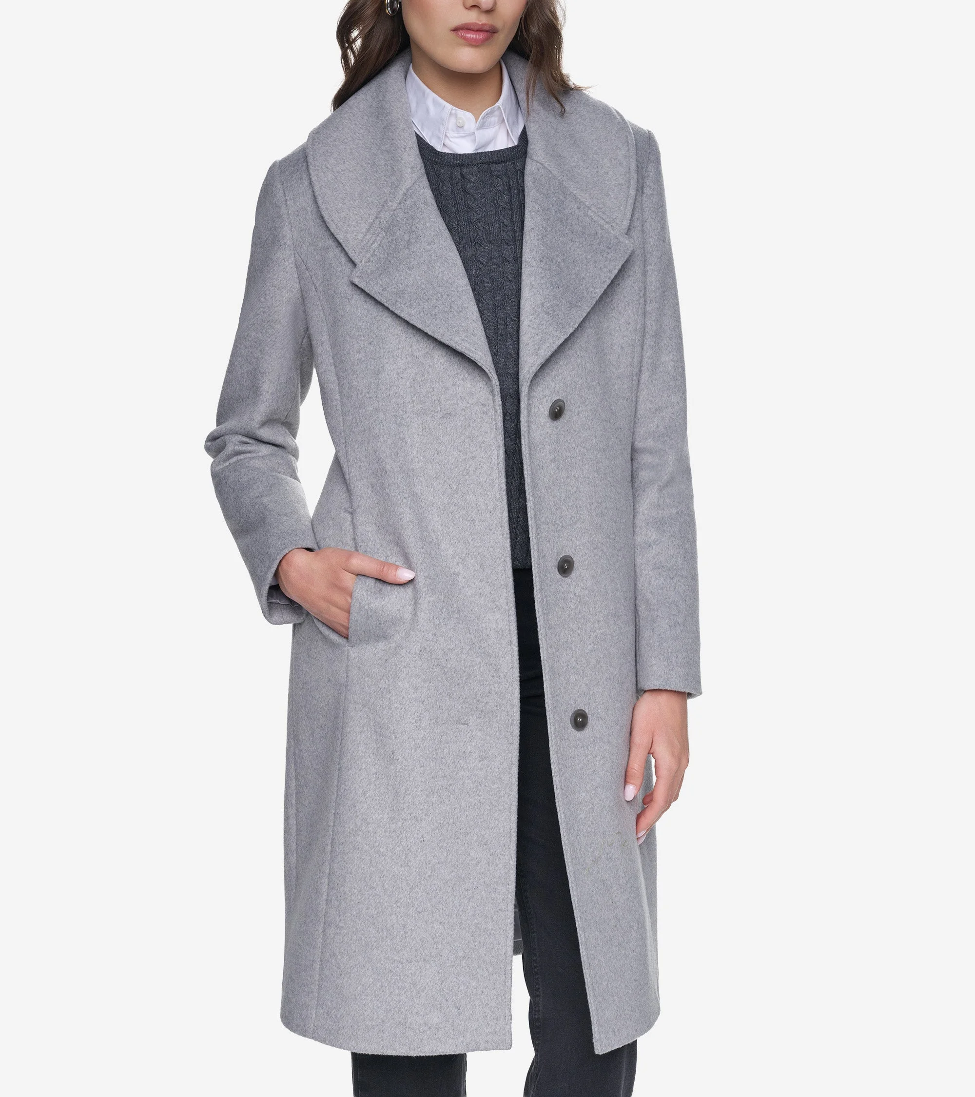Women's Slick Wool Draped Collar Coat - 1