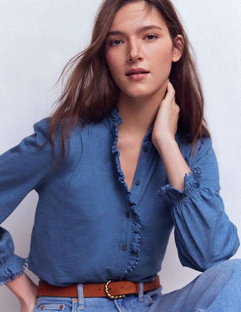 Emily Pom Detail Ruffle Shirt-Denim Blue 2