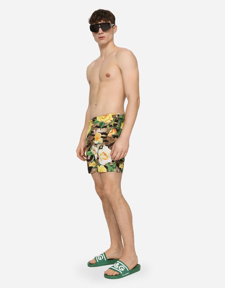 Mid-length swim shorts with rose print - 3