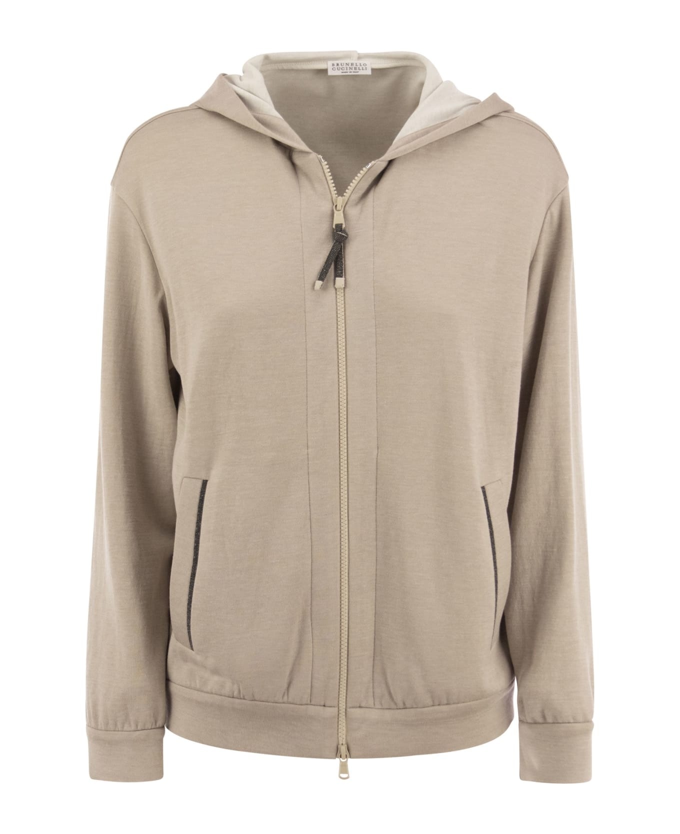 Cotton And Silk Sweatshirt With Hood And Monili On The Zip - 1