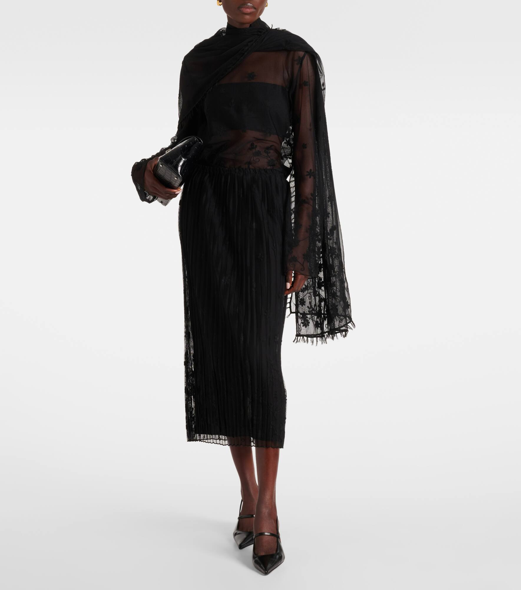 Embroidered plissé tulle midi skirt - 2