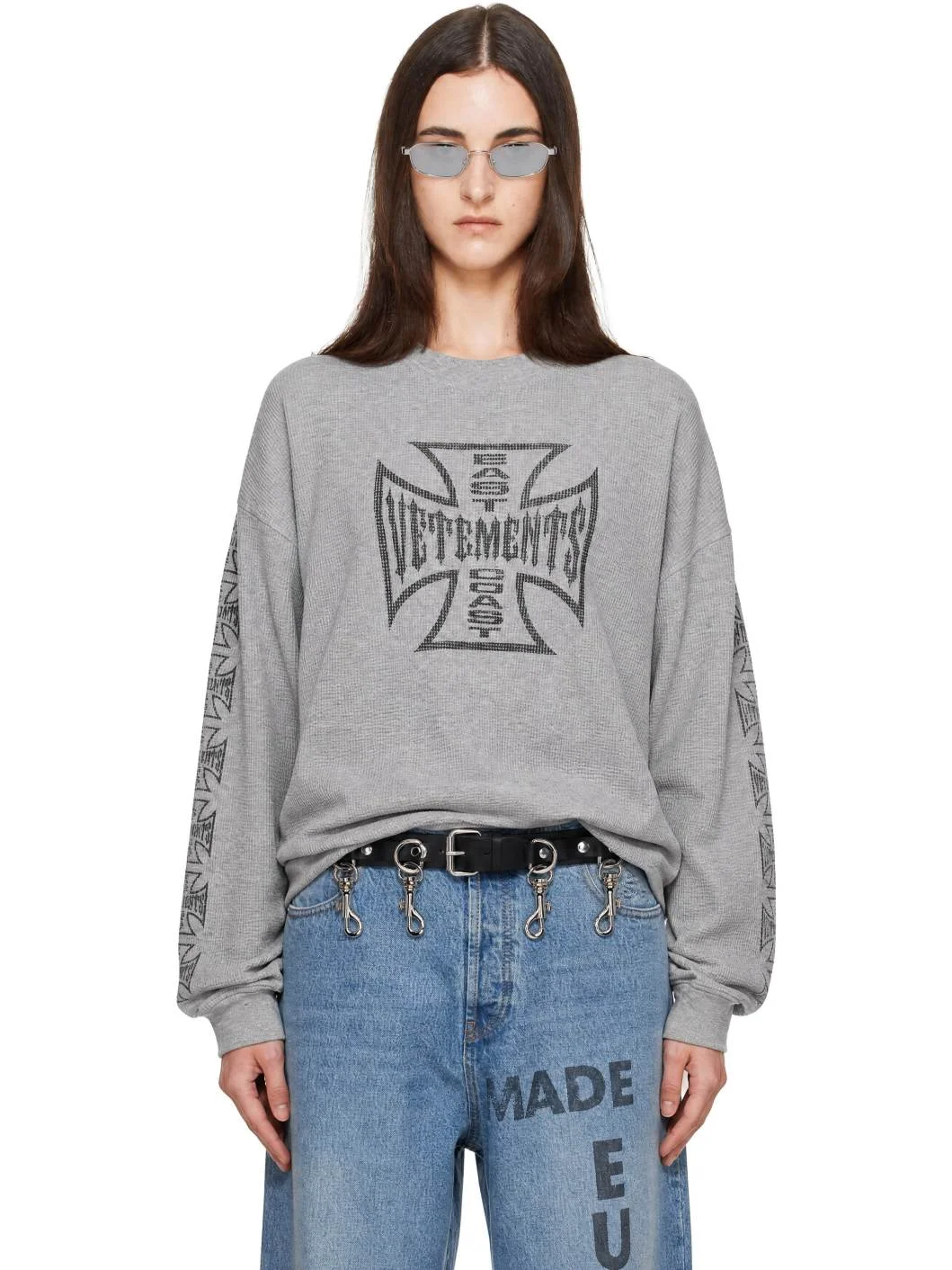 Gray Big Biker Cross Waffle Longsleeve T-shirt - 1