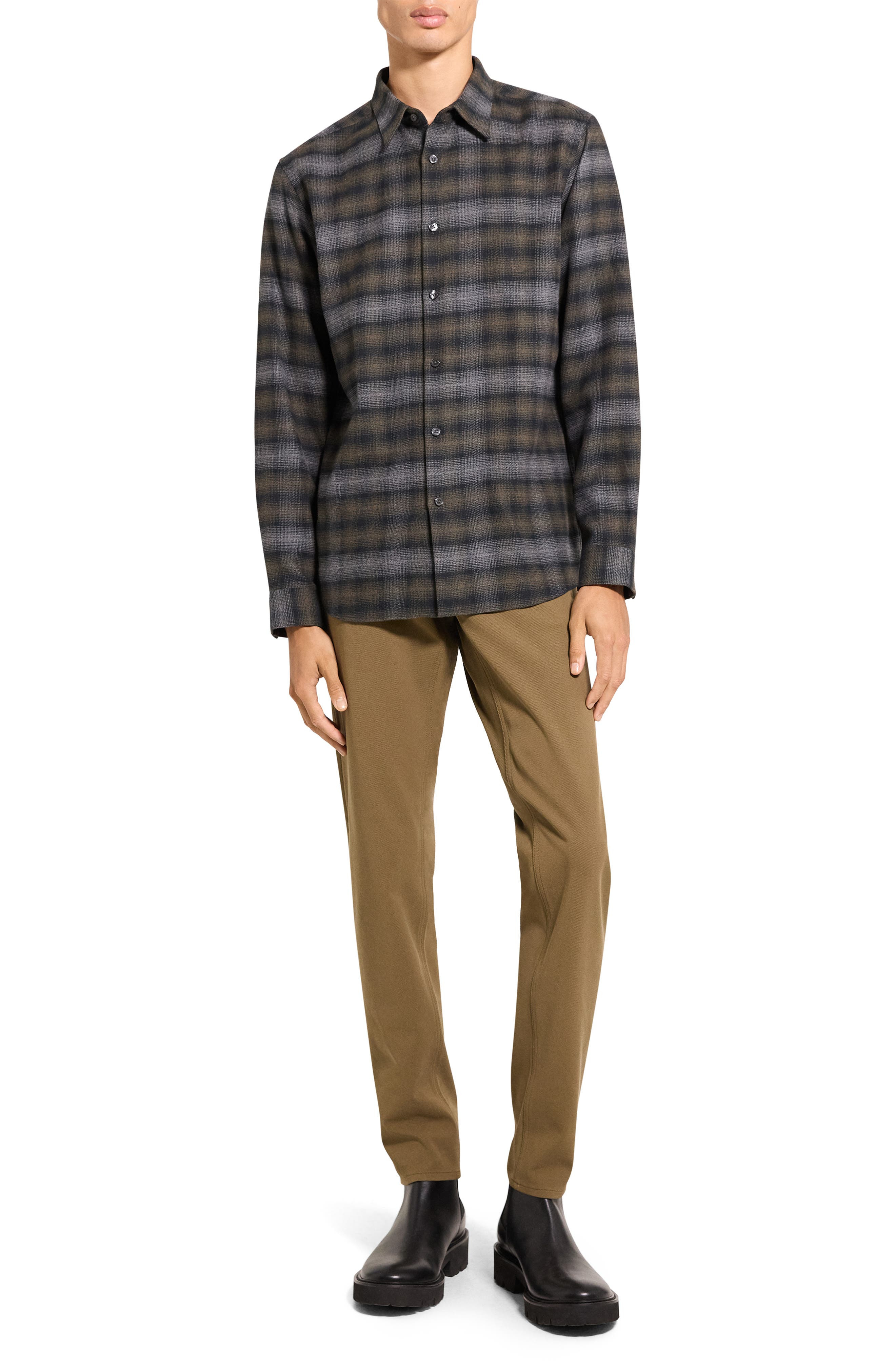 Theory Irving Plaid Cotton Flannel Button-Up Shirt in Duffle Melange-Qi9 at Nordstrom - 7
