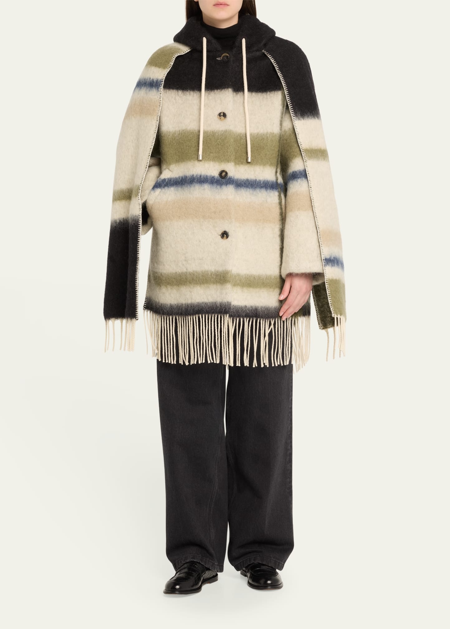 Stripe Hooded Mohair Wool Scarf Coat - 2