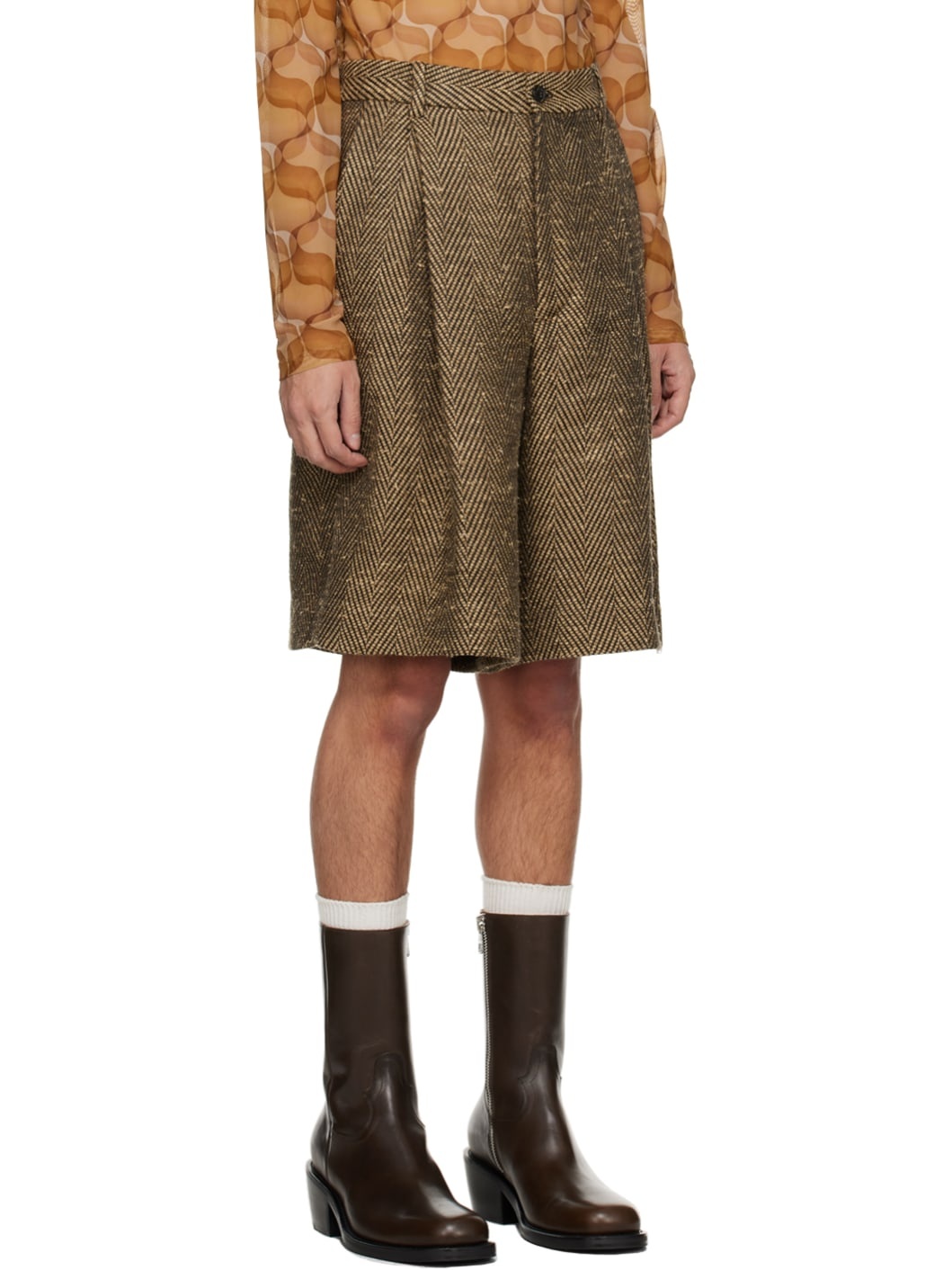 Brown Herringbone Shorts - 2