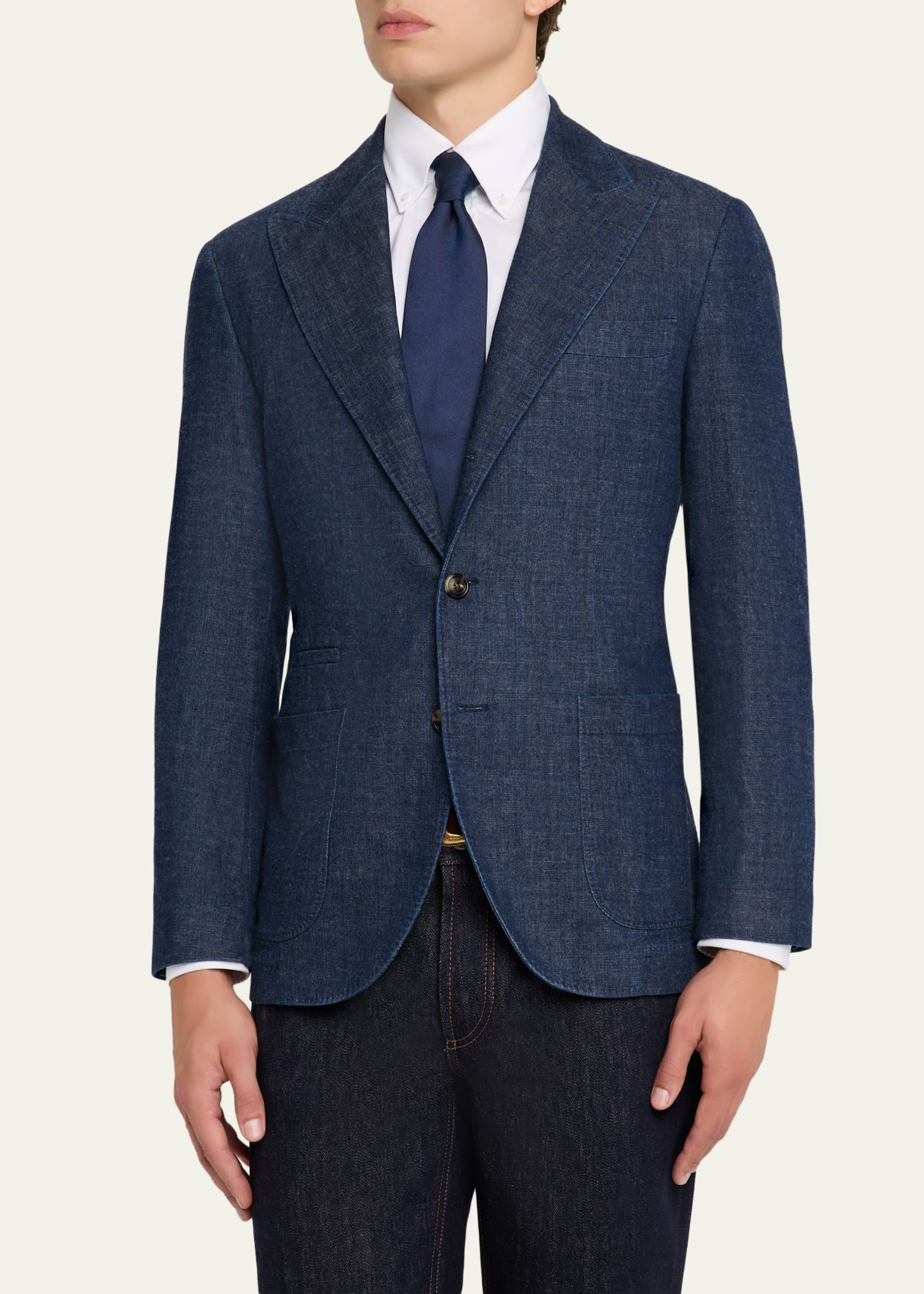Men's Denim Peak Lapel Single-Breasted Sport Coat - 4