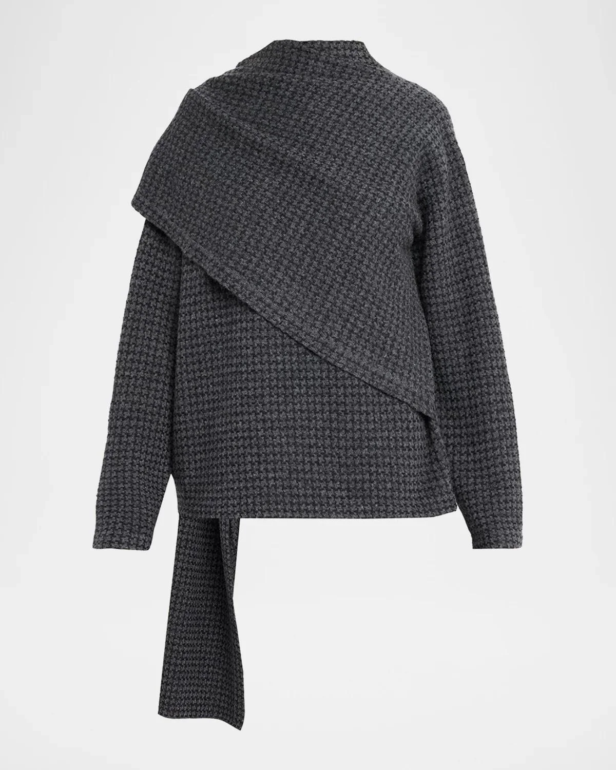 Draped-Scarf Houndstooth Sweater - 1