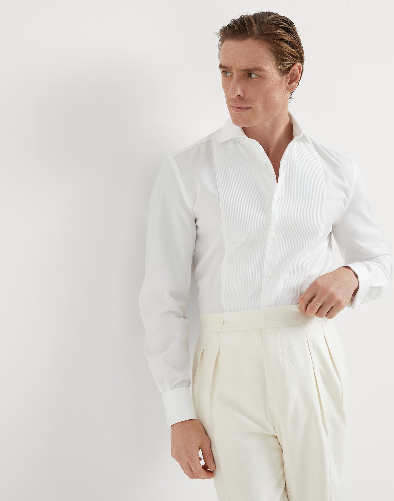 Sea Island cotton twill slim fit tuxedo shirt with pleated bib, spread collar and French cuffs - 4