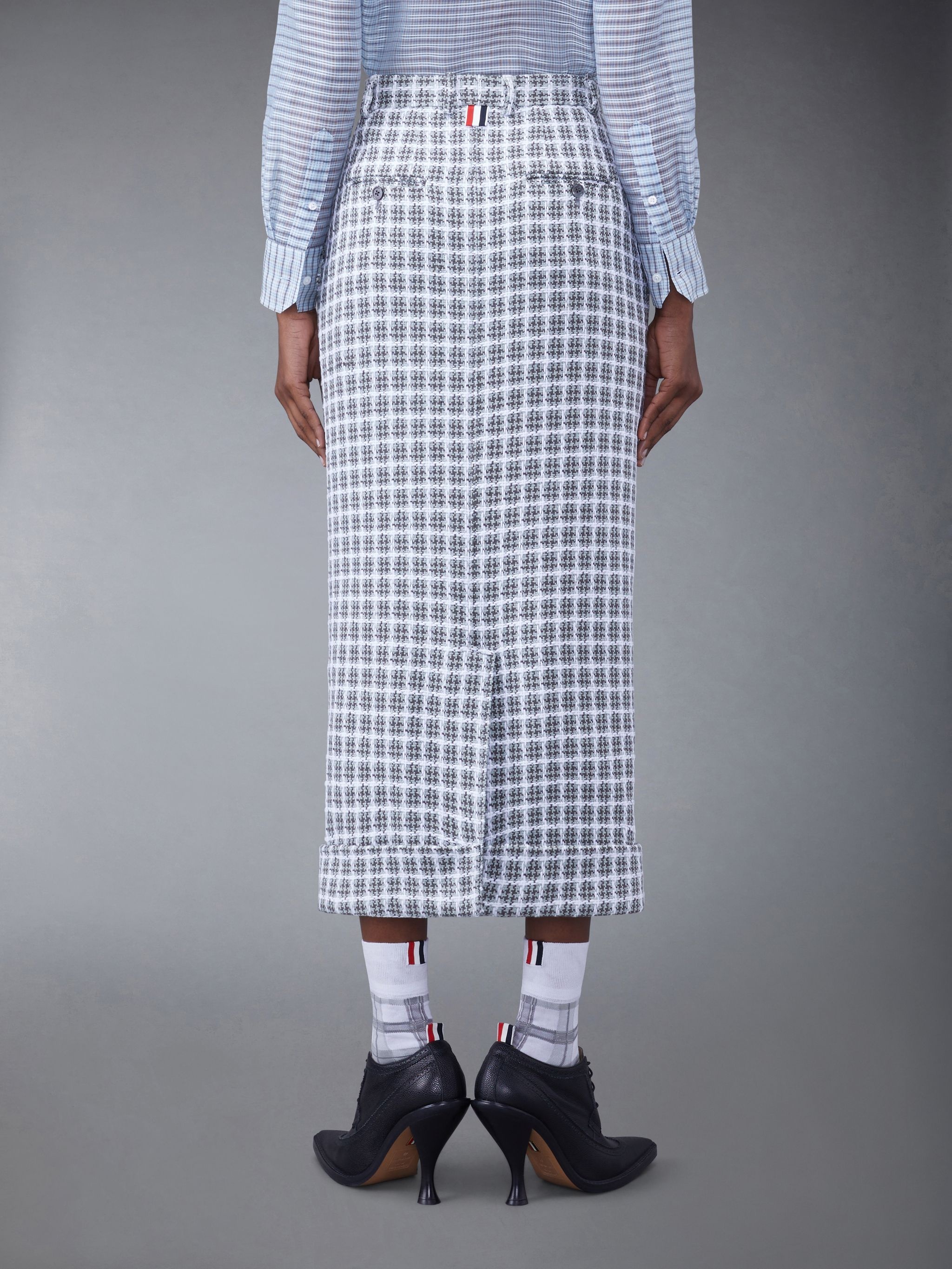 Check Summer Tweed Fray Midi High Waisted Straight Skirt - 3