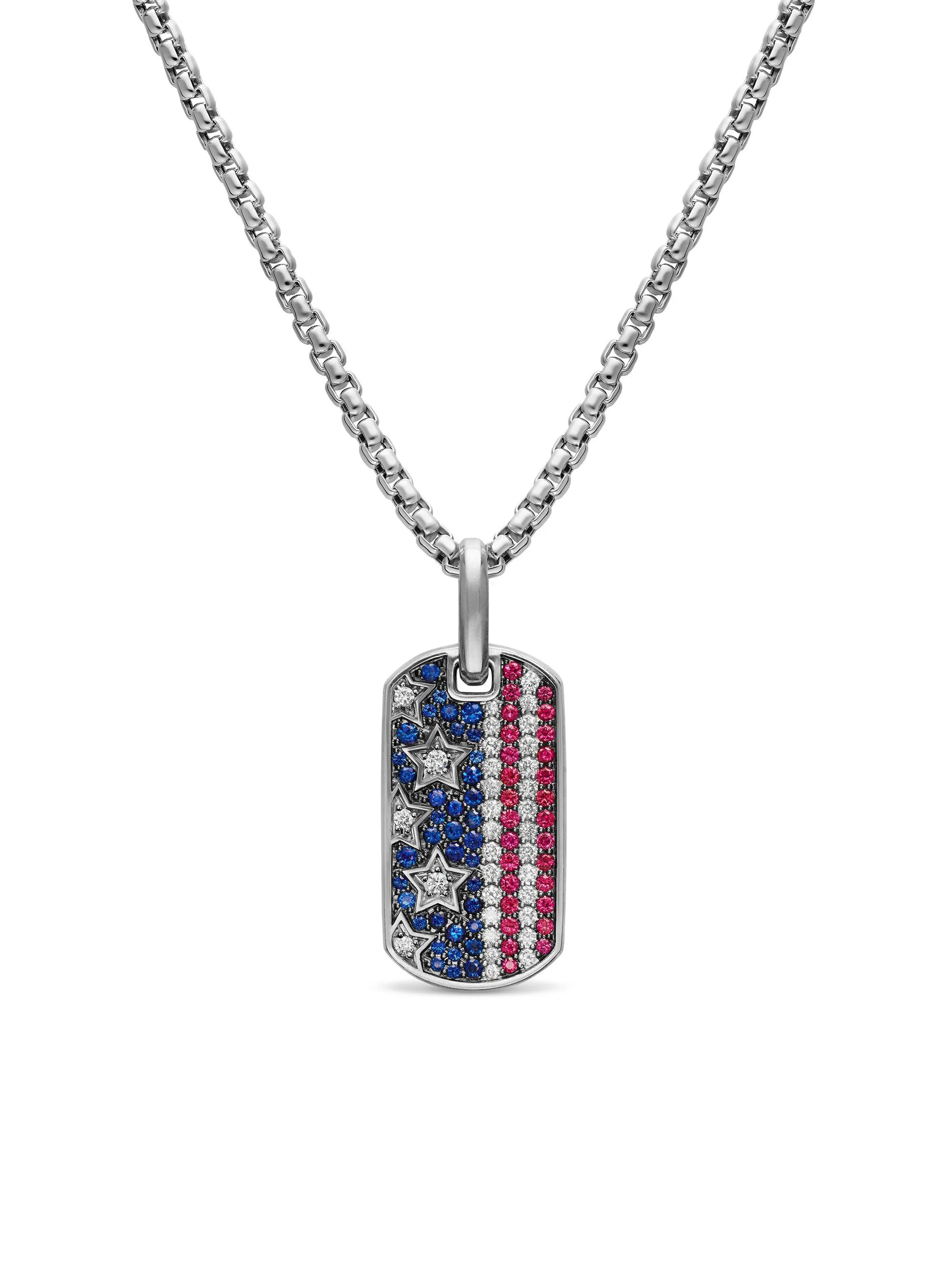 Men's Chevron American Flag Tag in Sterling Silver with Sapphires, Diamonds, and Rubies, 27MM - Sapp - 1