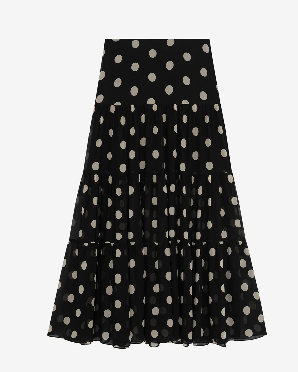 BLACK POLKA DOT PRINT LONG SKIRT - 1