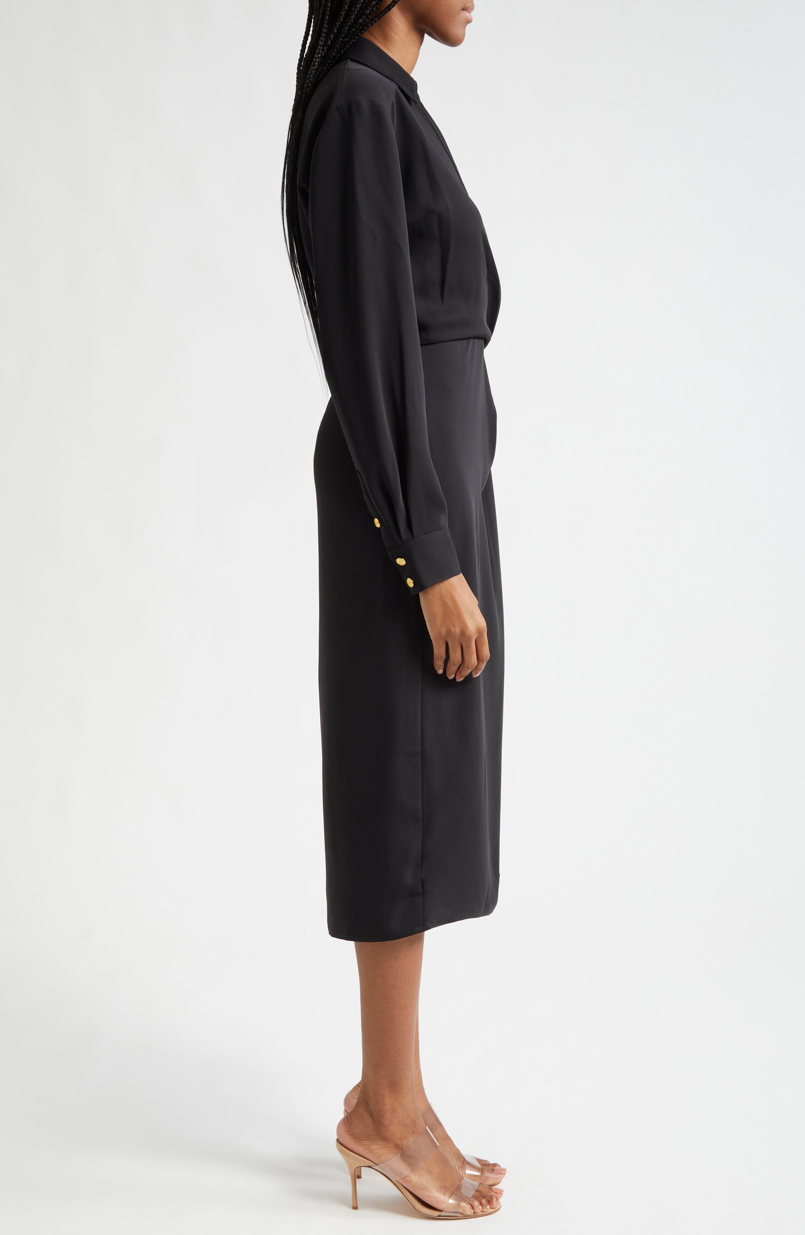 Veronica Beard Wright Asymmetric Button Long Sleeve Shirtdress in Black at Nordstrom - 3