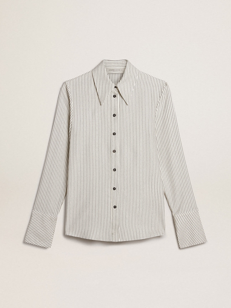 Women’s white viscose shirt with narrow black stripes - 1