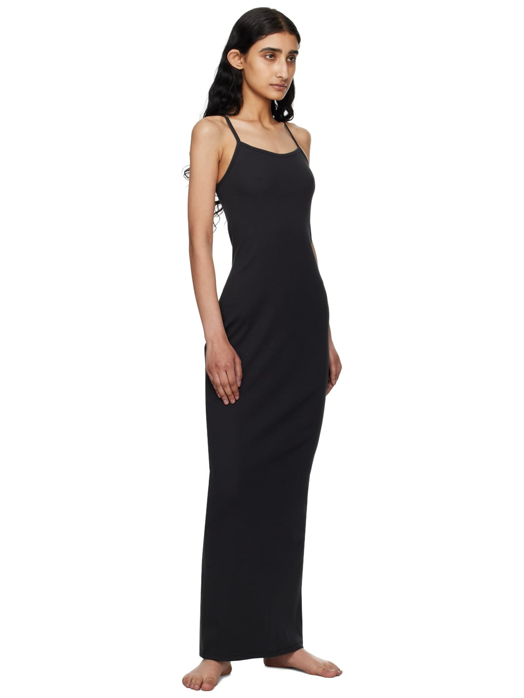 Black Cotton Rib Long Cami Maxi Dress - 4