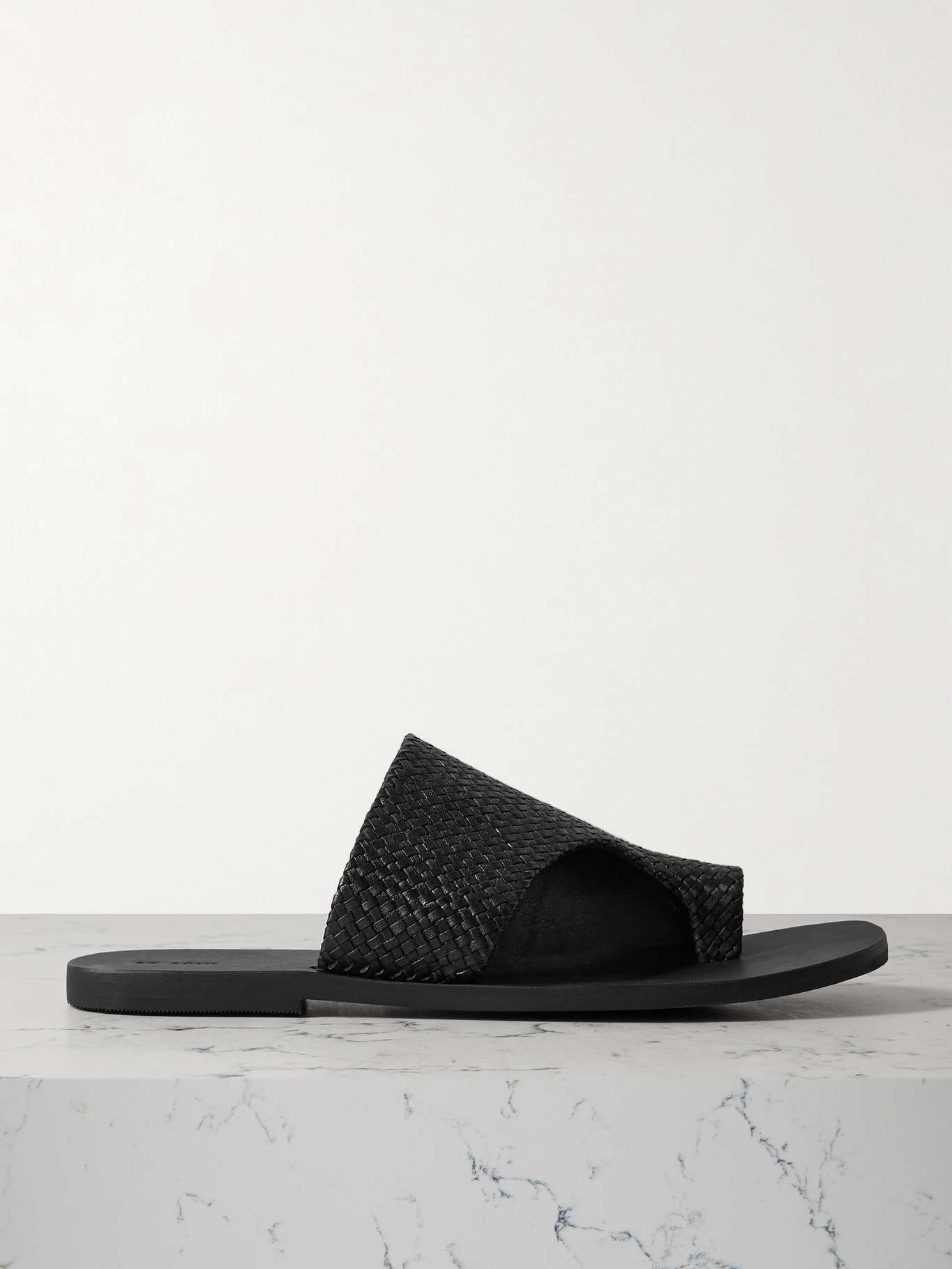 Asymmetric woven leather slides - 1