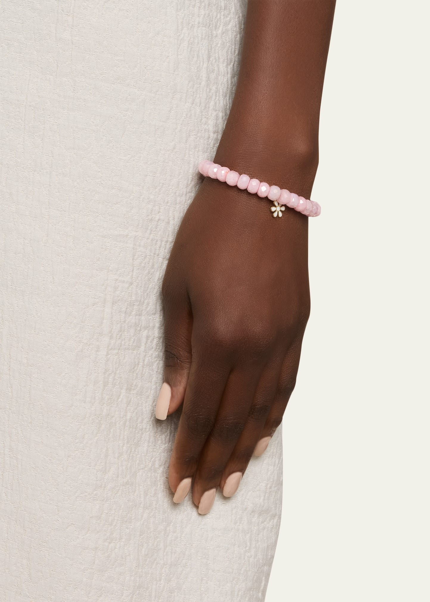 14K Carved Pink Opal and Diamond Bezel Evil Eye on Morganite Stretch Bracelet - 2