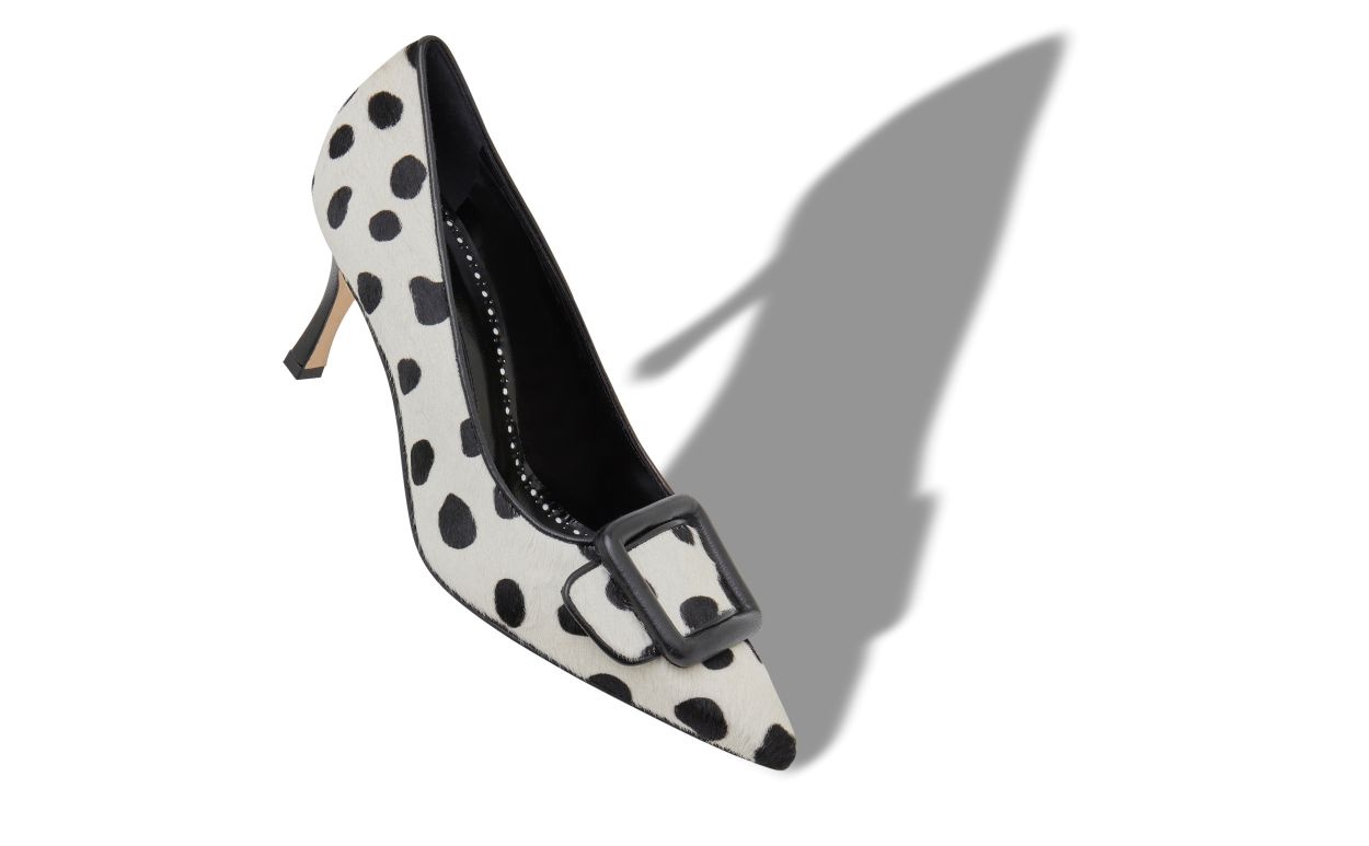 White and Black Calf Hair Buckle Detail Pumps - 2