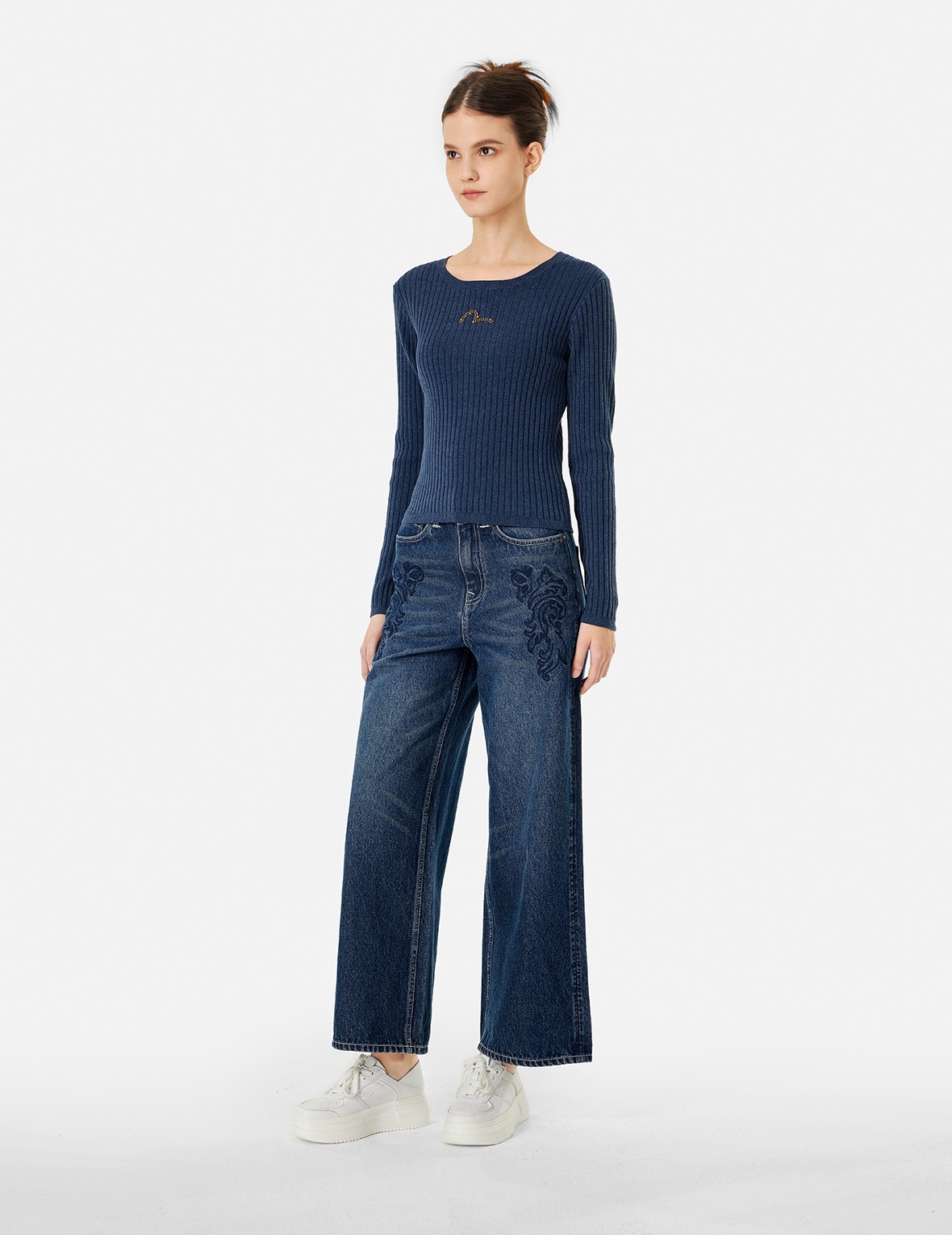BUTTERFLY AND SEAGULL EMBROIDERY WIDE-LEG JEANS - 5