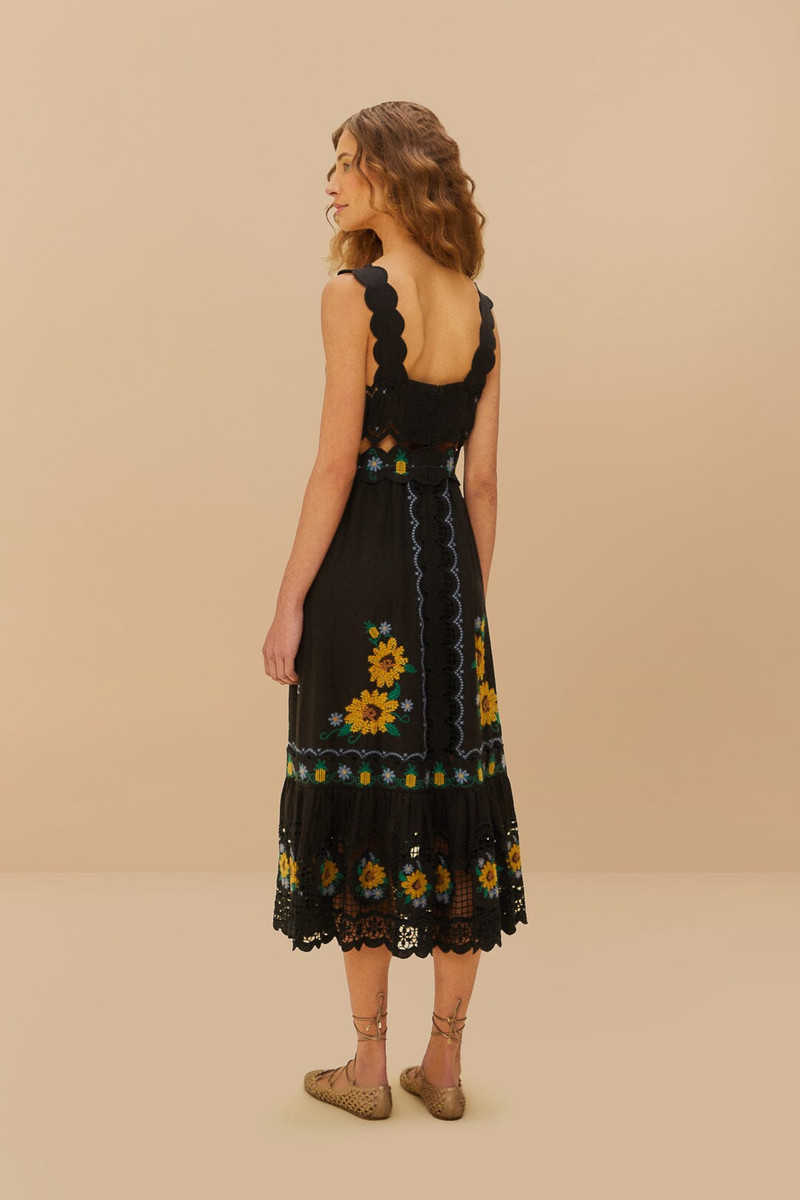 Black Cross Stitch Sunflower Richelieu Lenzing™ Ecovero™ Euroflax™ Midi Dress 4