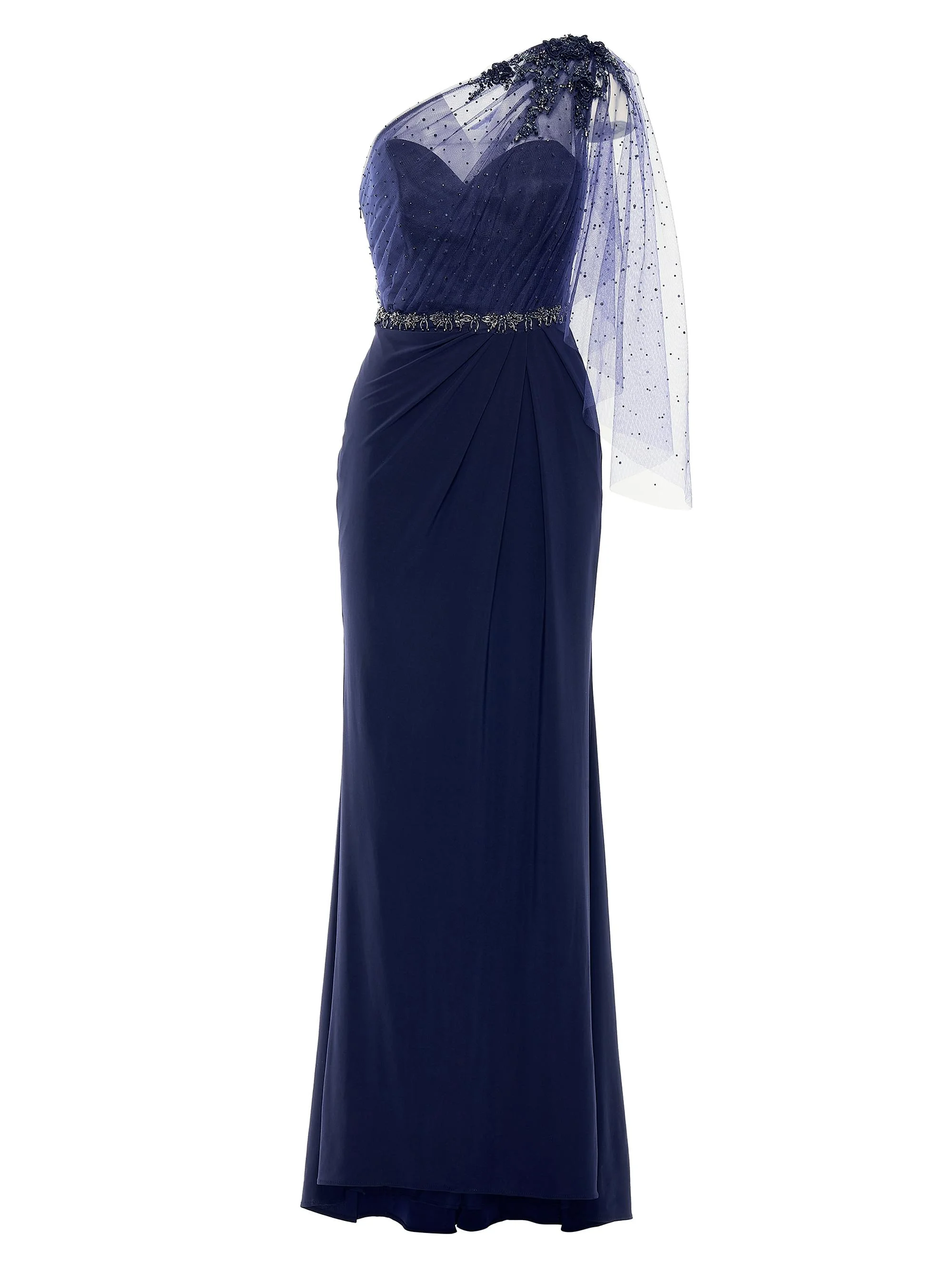 Women's Embellished One-Shoulder Draped Gown - Navy - 1