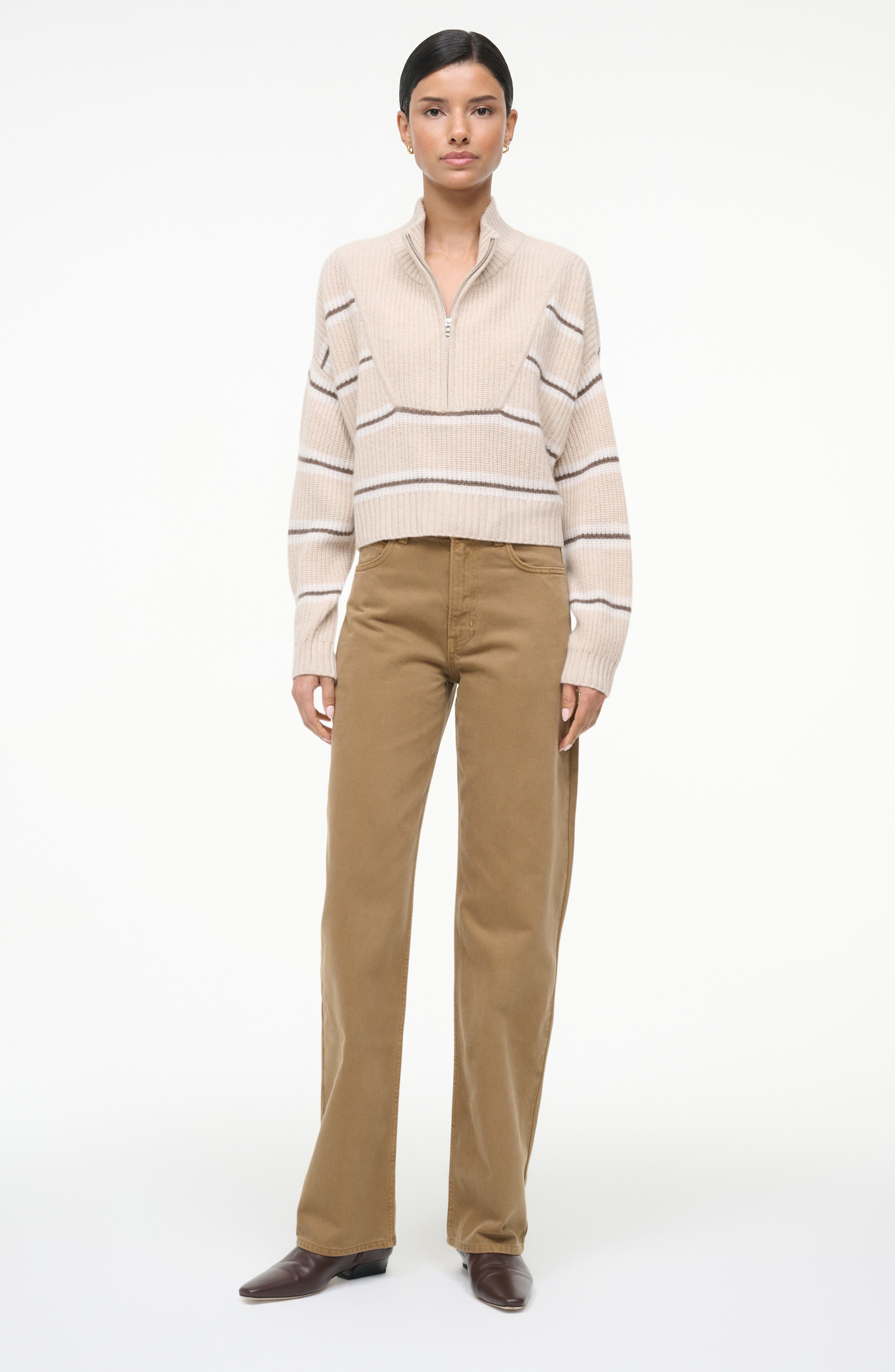STAUD Hampton Crop Half Zip Cashmere Sweater in Whisper Stripe at Nordstrom - 7