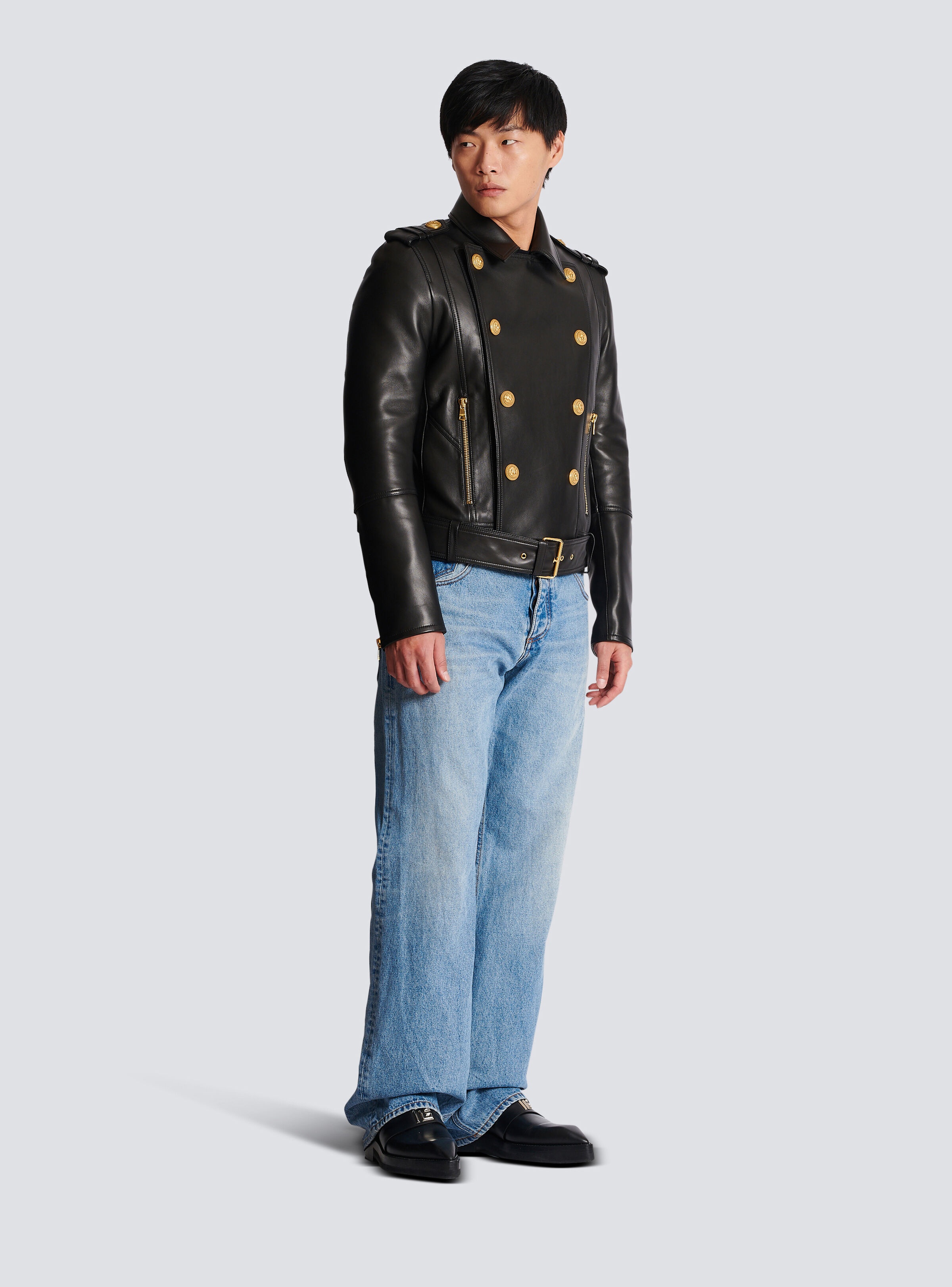 Double-breasted buttoned leather biker jacket - 3