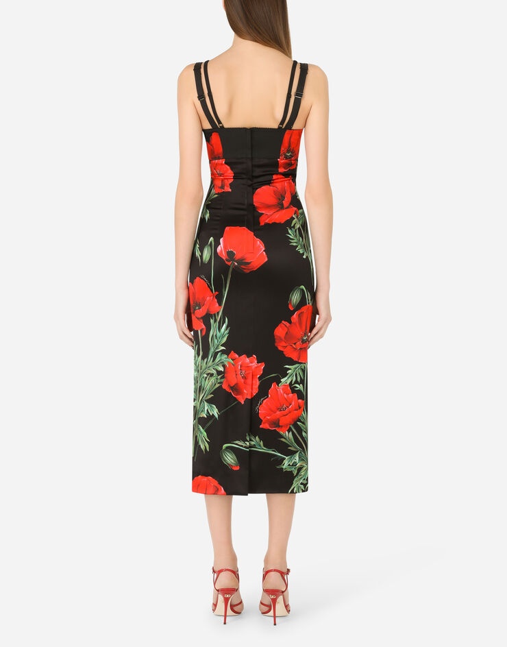 Satin calf-length corset dress with poppy print - 2