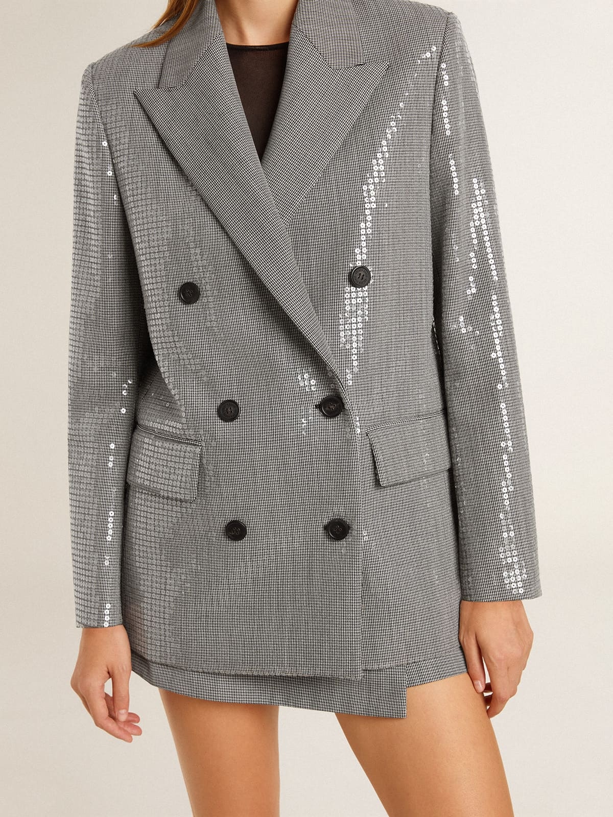 Double-breasted wool boyfriend jacket in micro houndstooth and sequins - 6