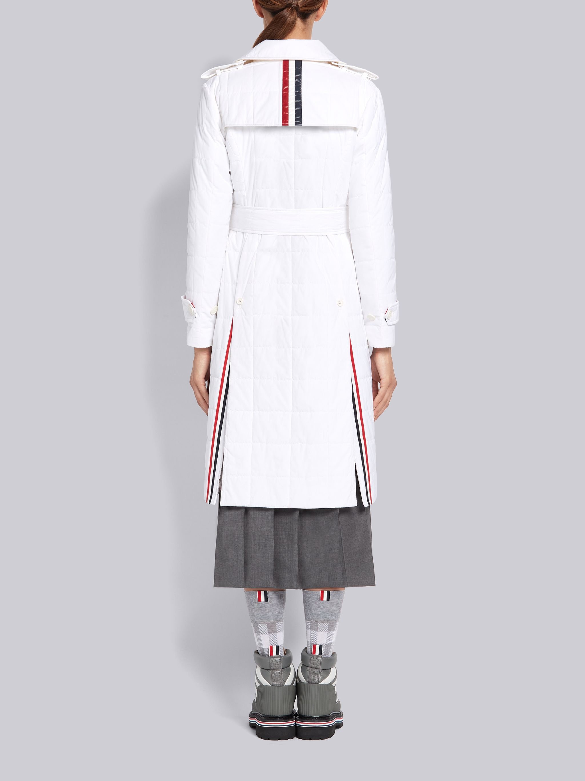 White Down Filled Poly Twill Center Back Stripe Classic Trench Coat - 2