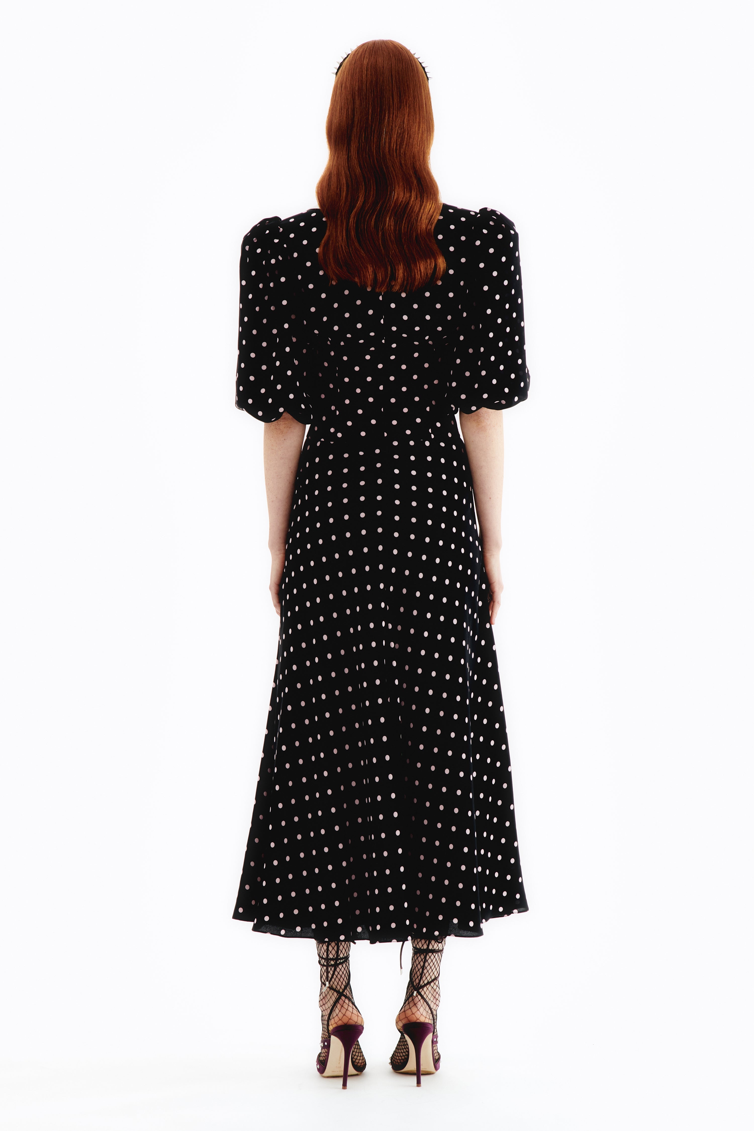 POLKA DOT SILK DRESS WITH PUFF SLEEVES - 4