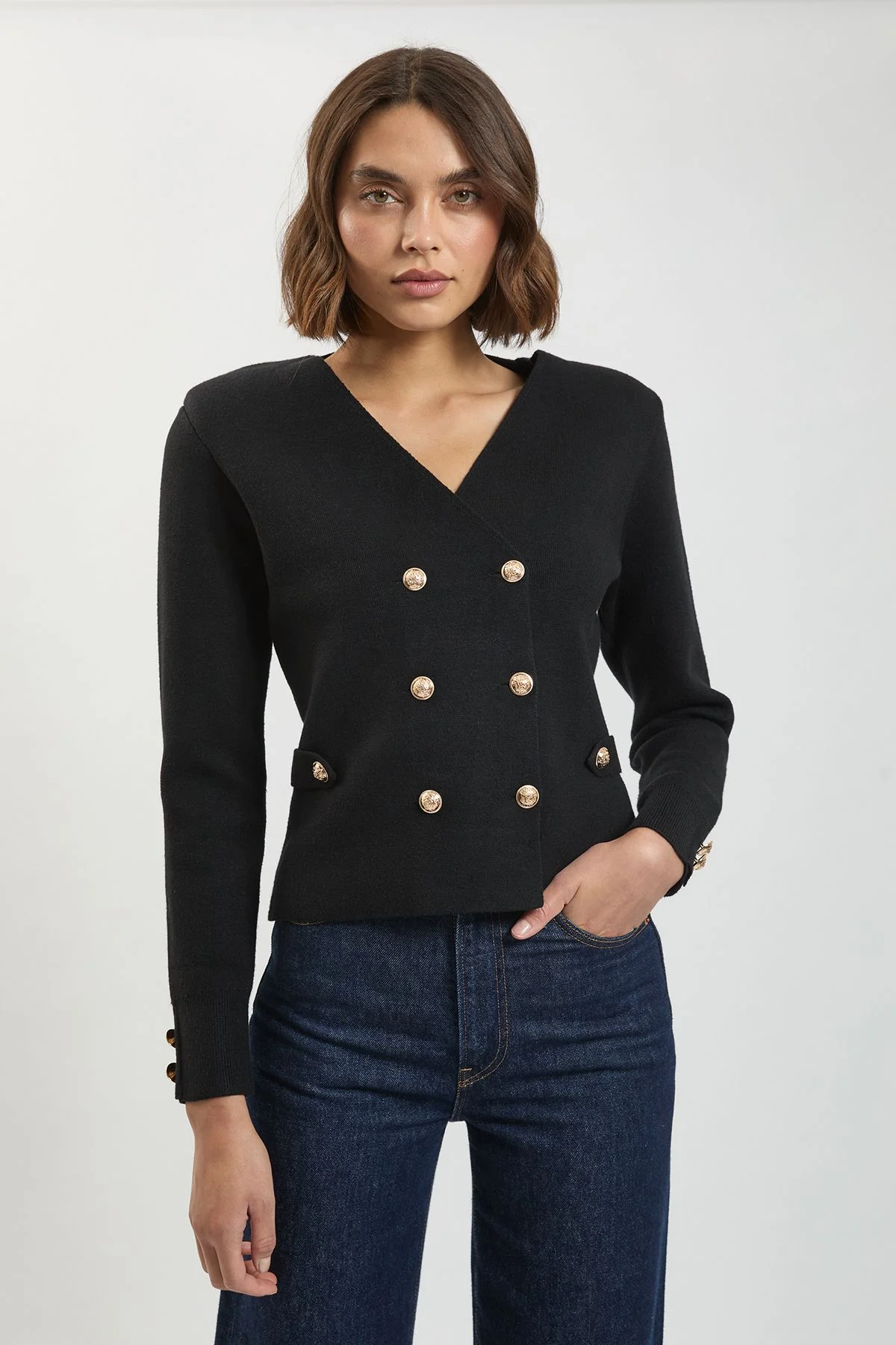 Wool Look Military Double Breasted Knitted Cardigan - 1