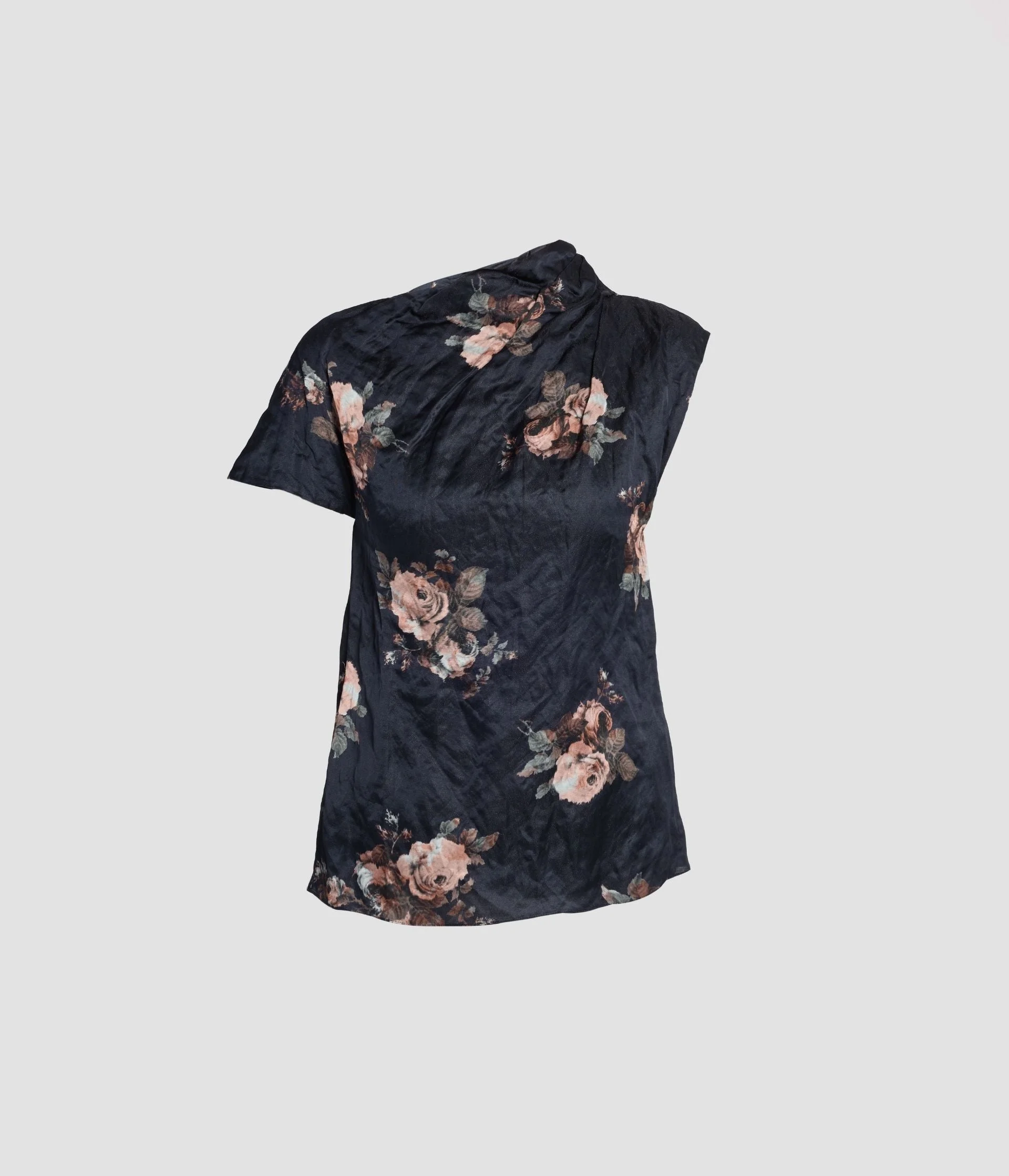 FLORAL CRUSHED SATIN SHORT SLEEVE DRAPED TOP - 1