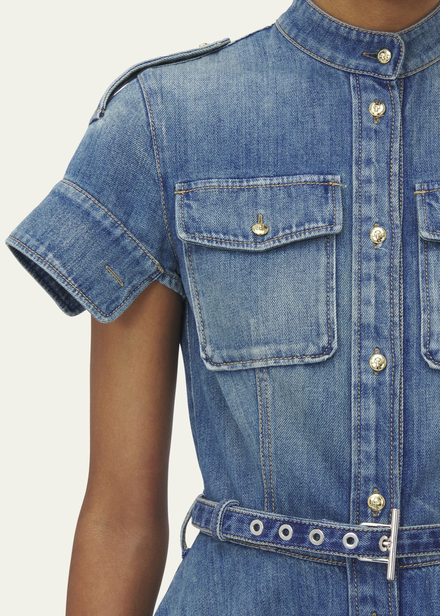Short-Sleeve Belted Denim Mini Shirtdress - 5