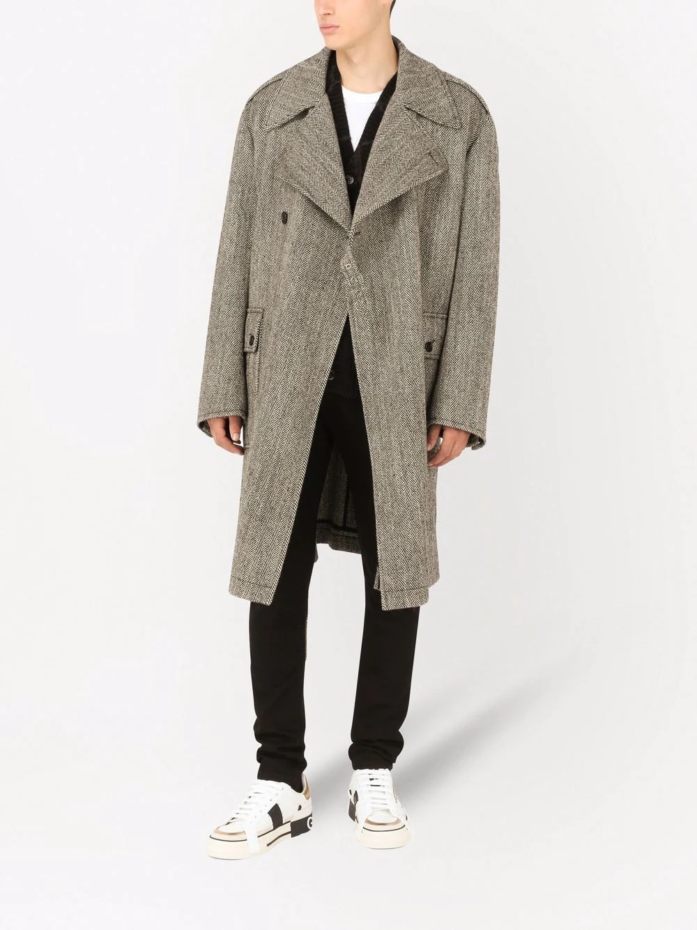 herringbone-pattern mid-length coat - 2