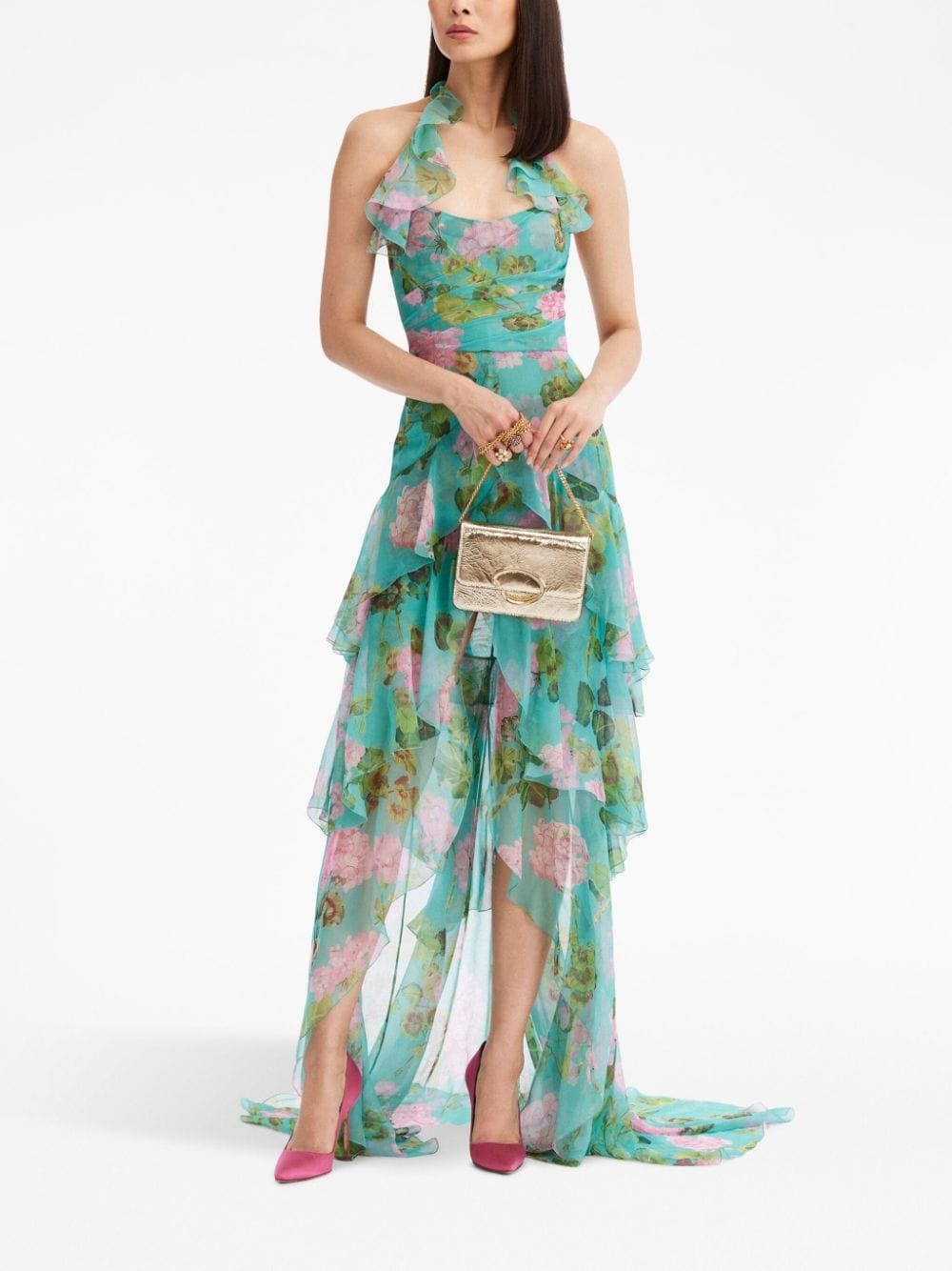 Geranium-print ruffled chiffon gown - 2