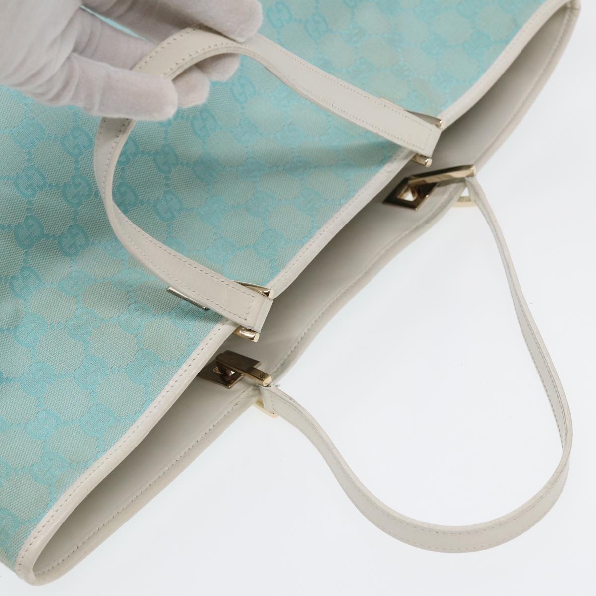 GUCCI GG Canvas Tote Bag Light Blue White Gold 002 002 - 6