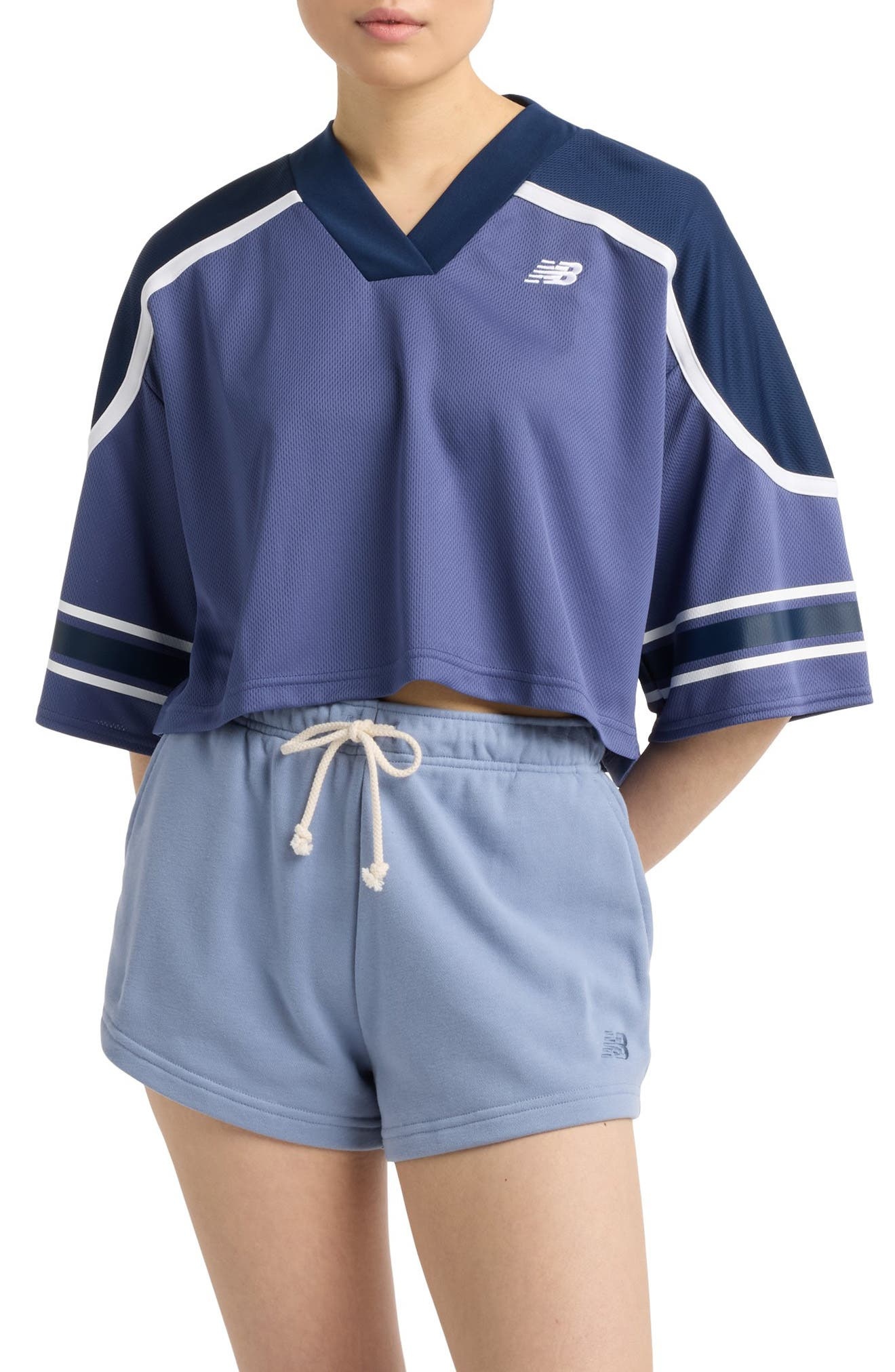 New Balance Oversize Crop Jersey Mesh V-Neck T-Shirt in Dream State at Nordstrom - 1