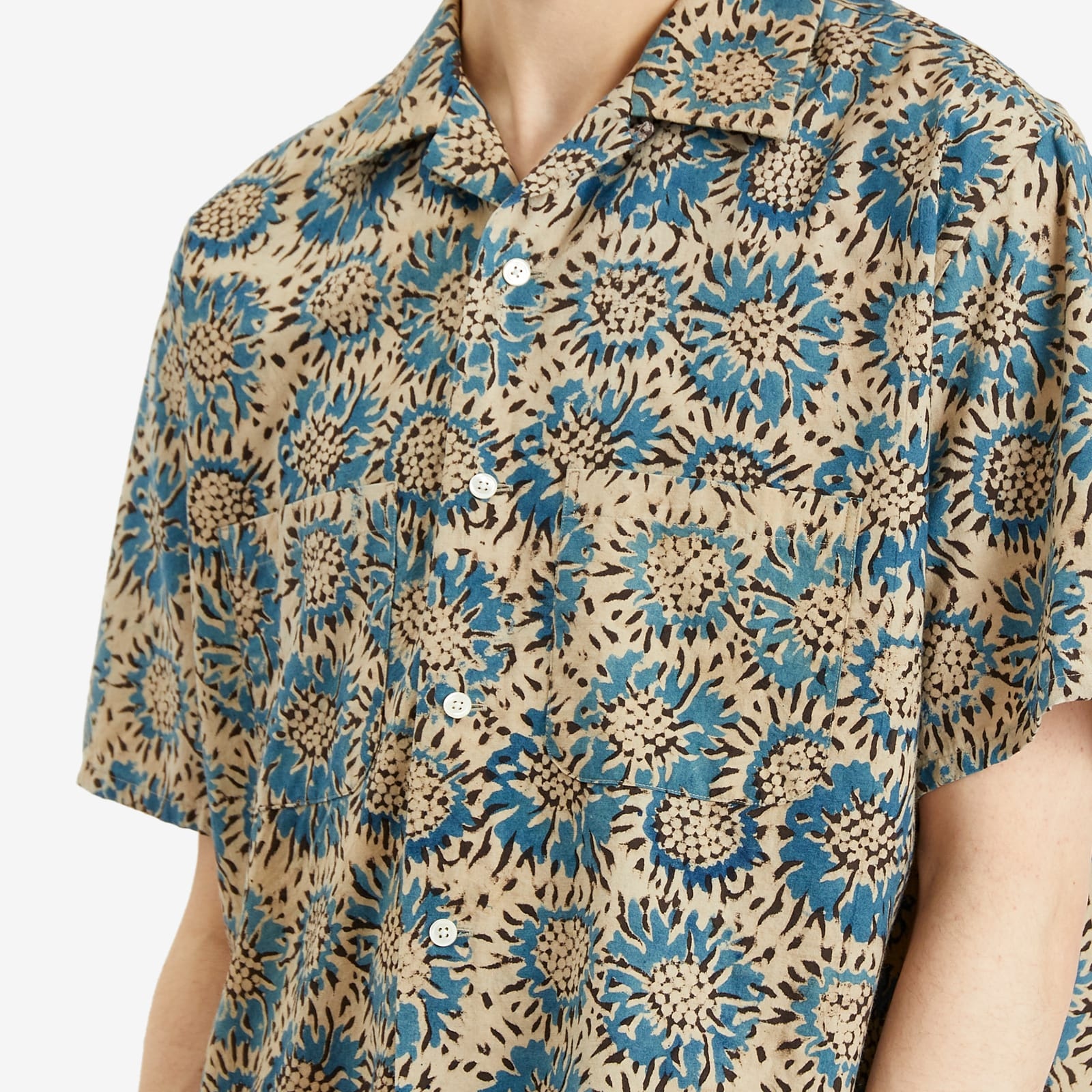 Beams Plus Open Collar Block Print Sunflower Shirt - 5