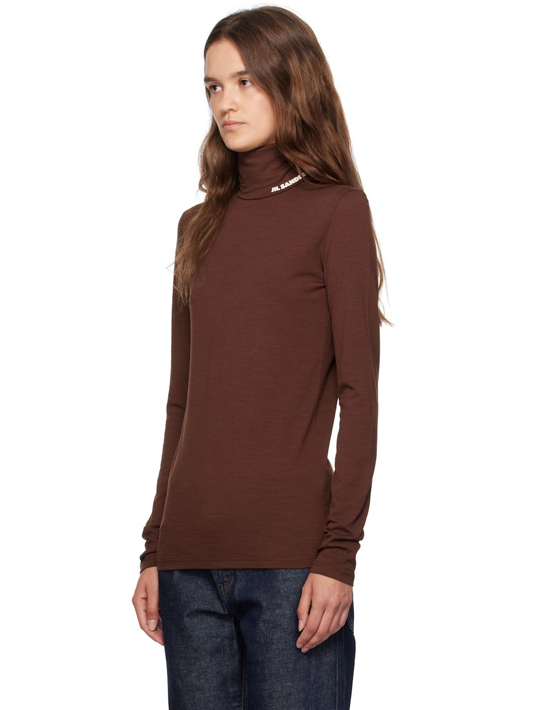Brown Lightweight Wool Blend High-Neck T-Shirt - 4