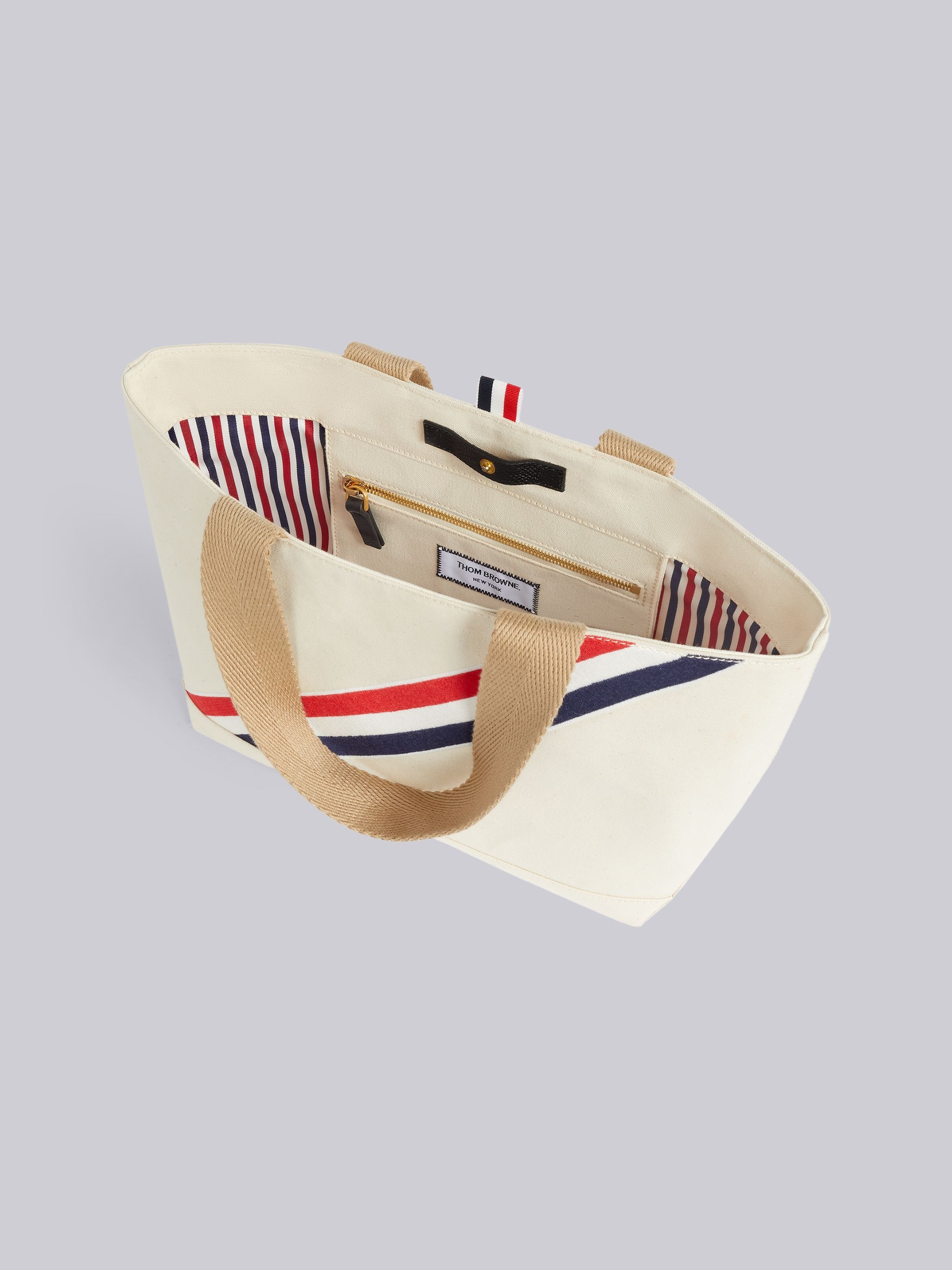 Beige Cotton Canvas Diagonal Stripe Small Tool Tote - 5
