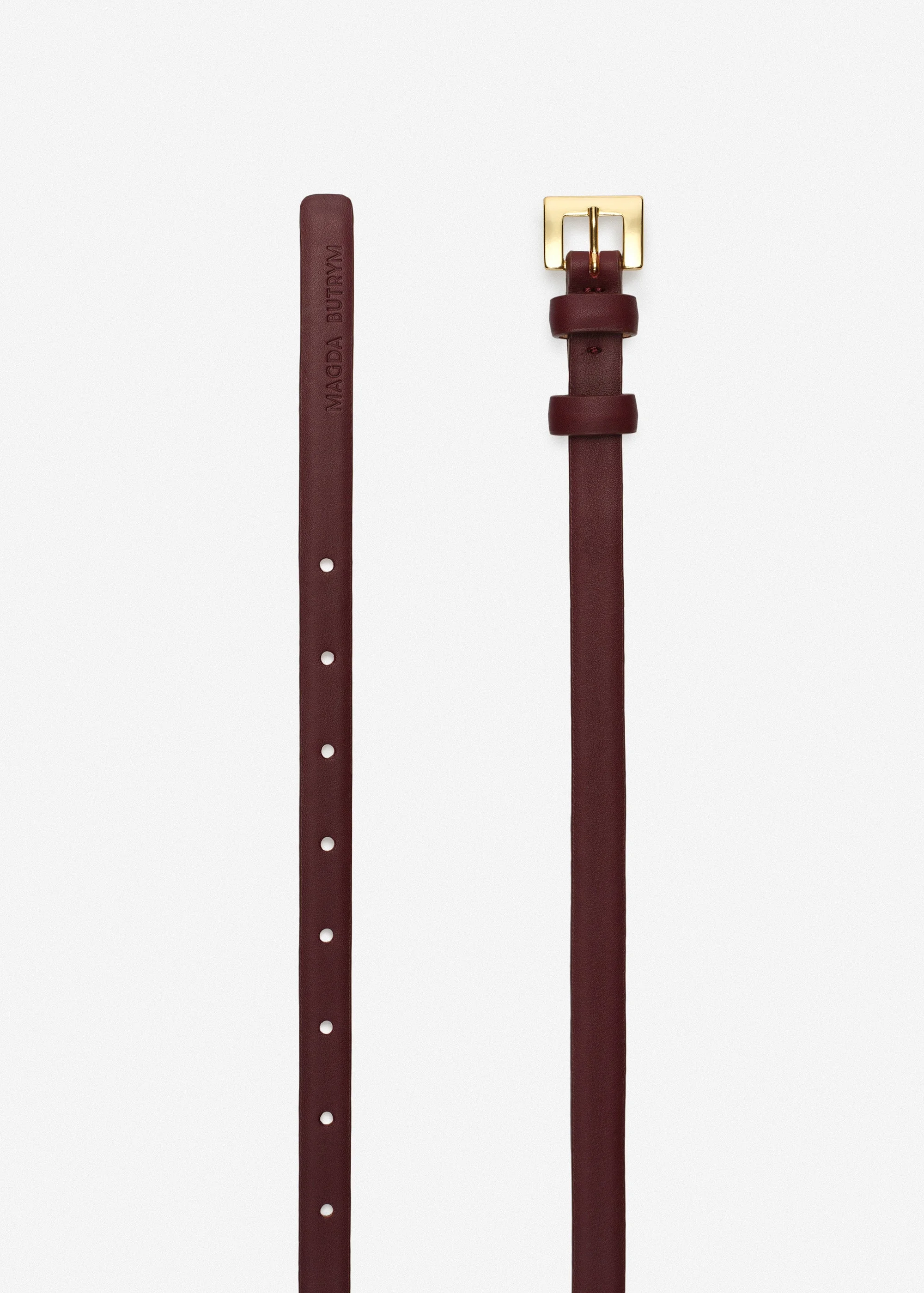 Slim leather belt with rectangular buckle in bordeaux - 1