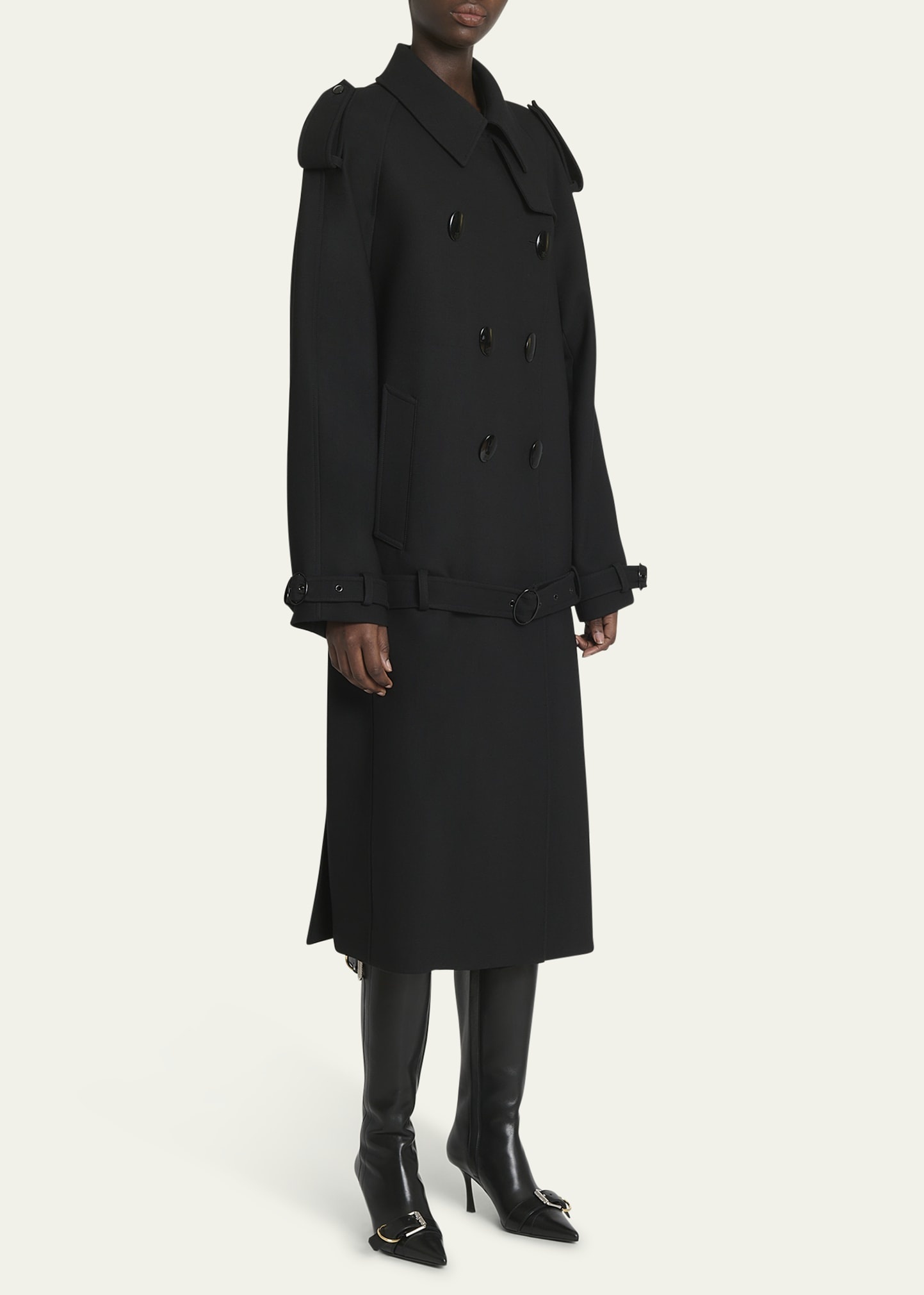 Double-Breasted Volume Belted Wool Trench Coat - 4