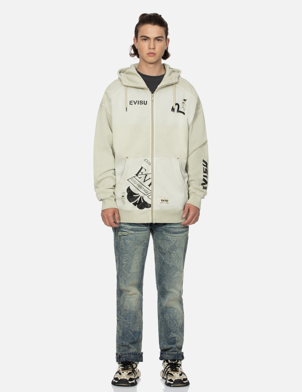 Multi Logos Print Loose Fit Washed Zip-Up Hoodie - 16