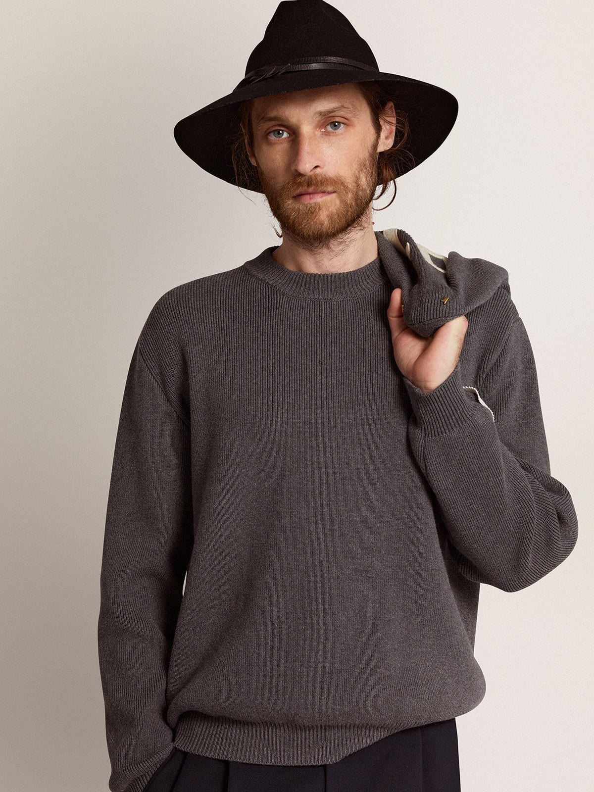 Men's round-neck sweater in dark gray cotton with logo on the back - 2