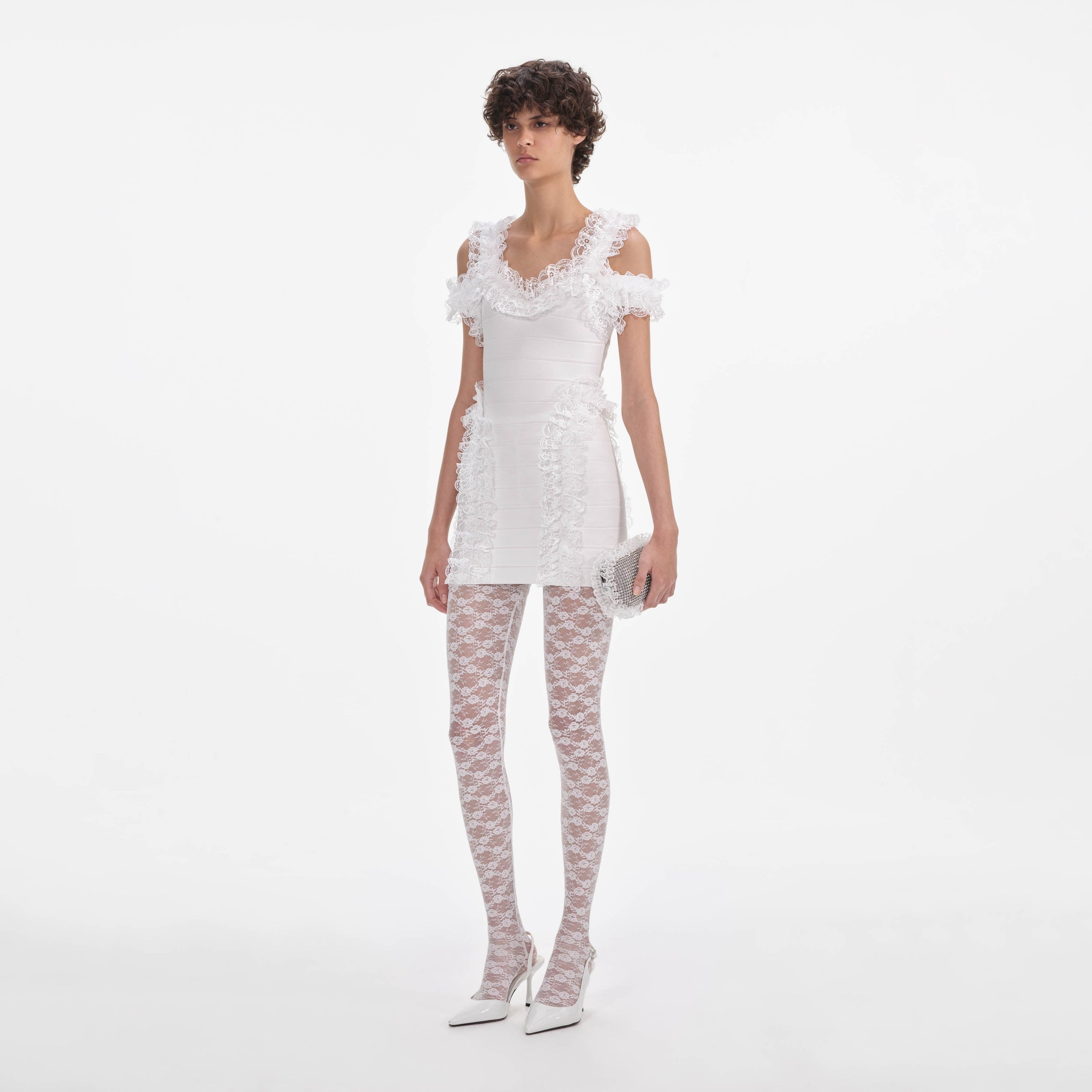 White Knit Ruffle Mini Dress - 2