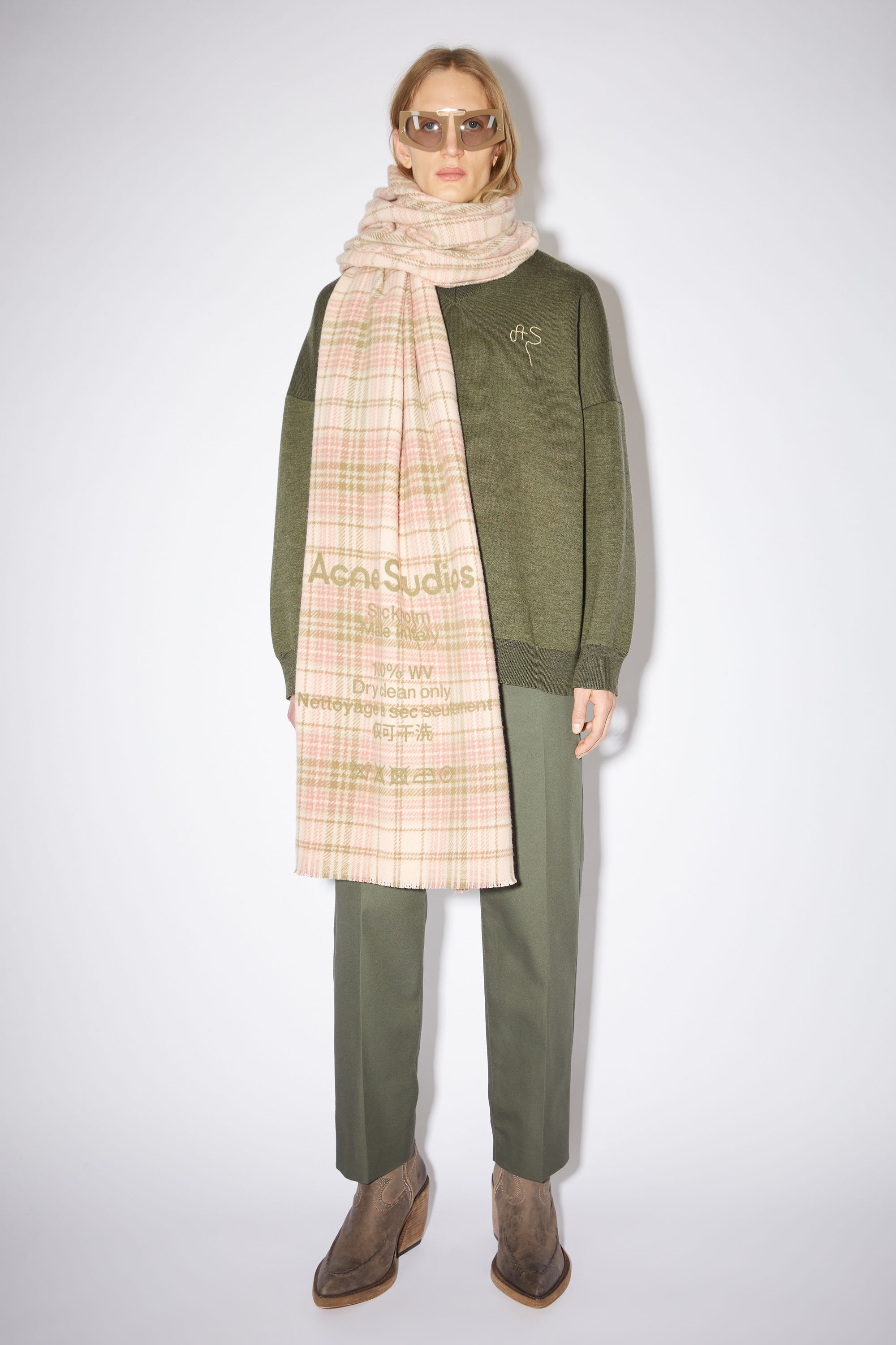 Tartan check scarf - Pink/khaki green 3