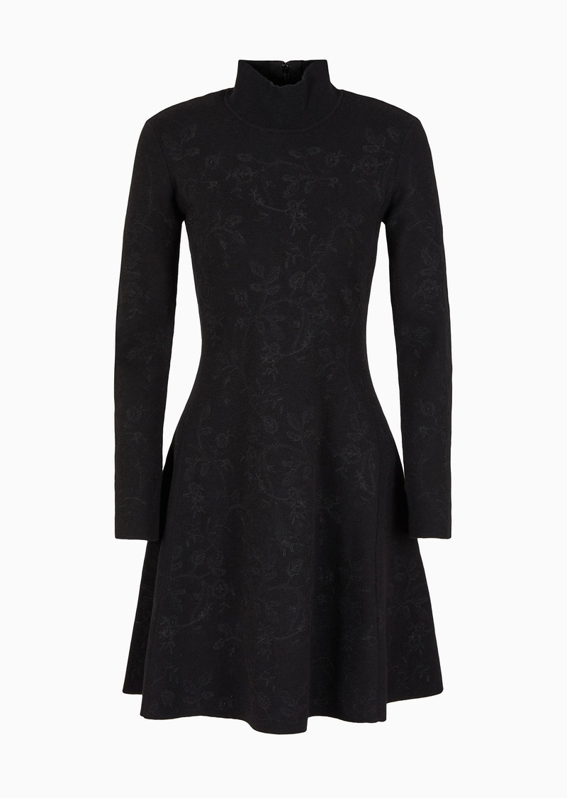 Knitted mock-neck dress with all-over matching floral embroidery 1