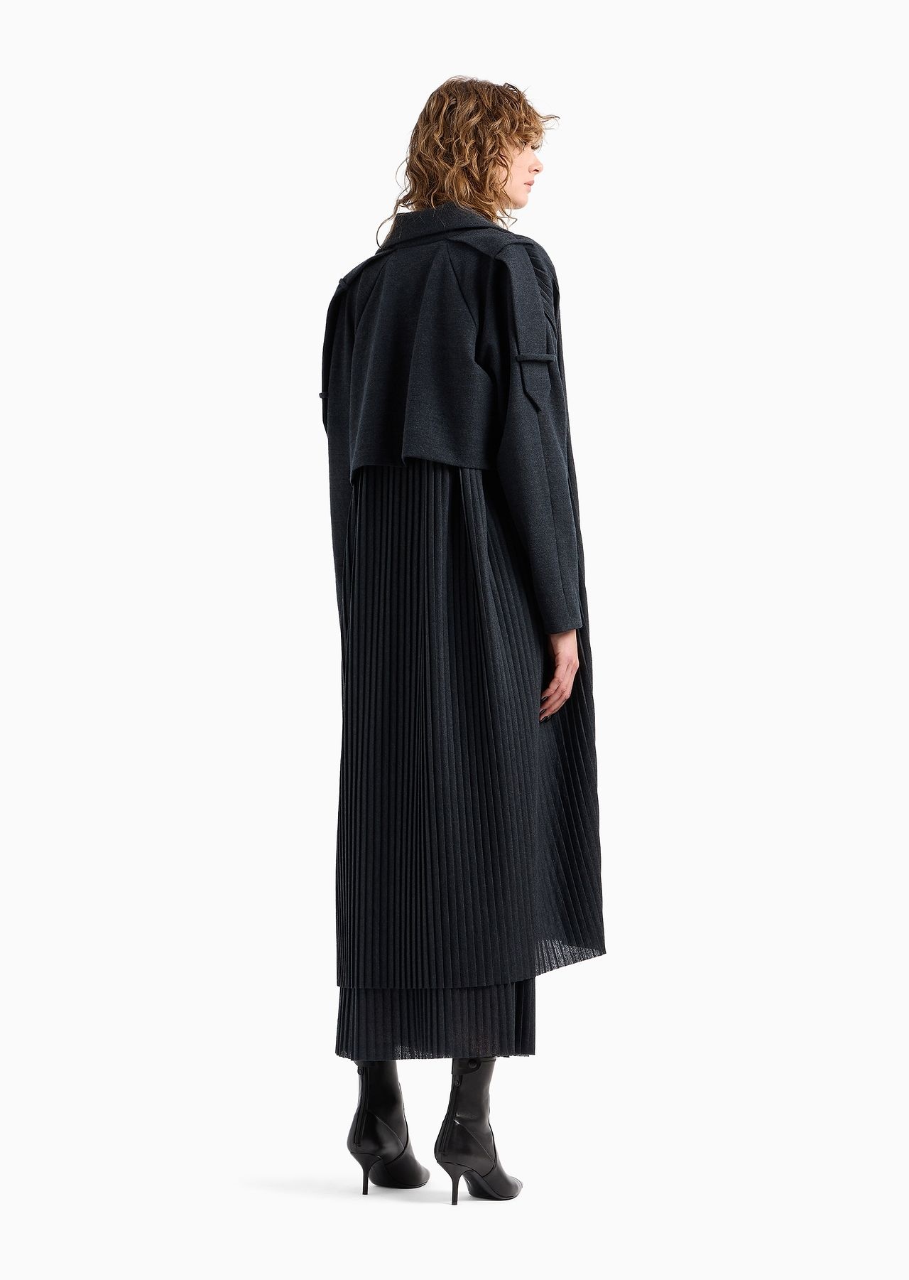 Pleated wool jersey long trench coat - 3