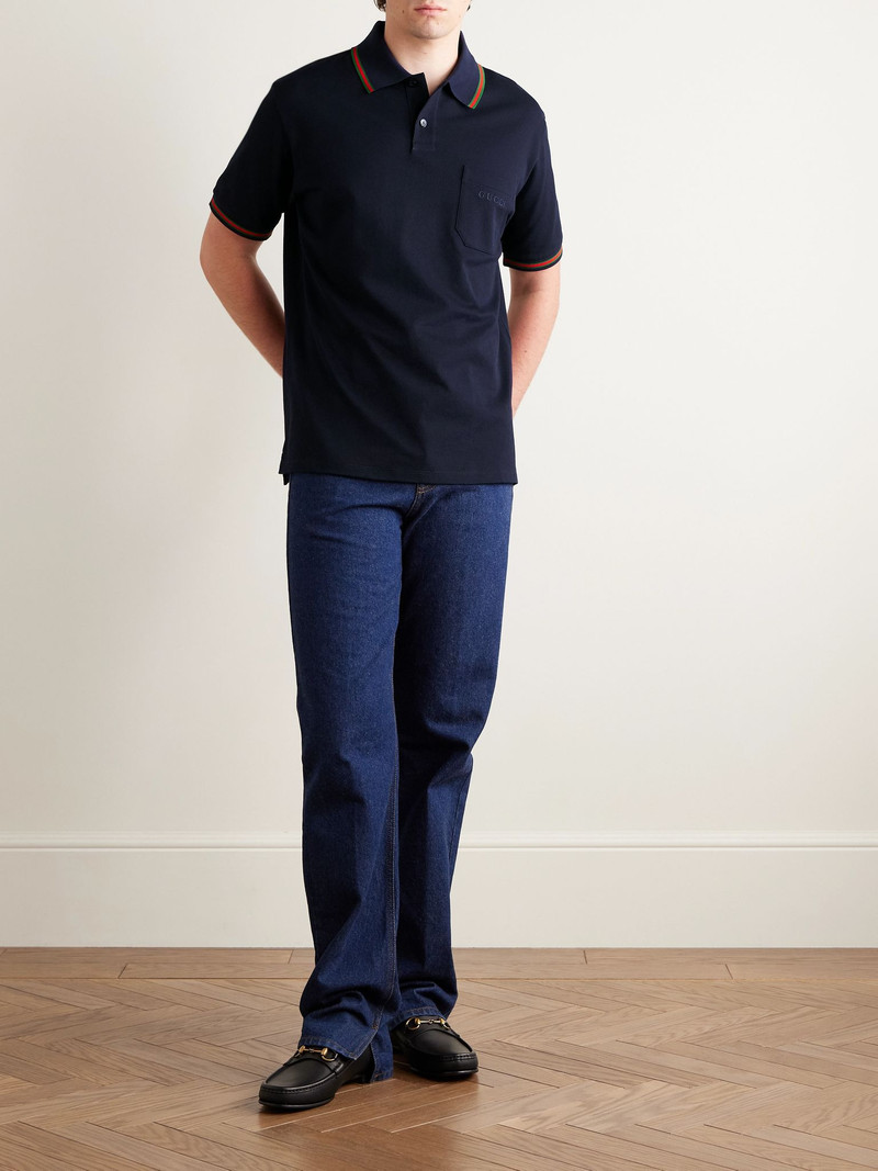 GUCCI Logo-Embroidered Cotton-Piqué Polo Shirt Blue outlook